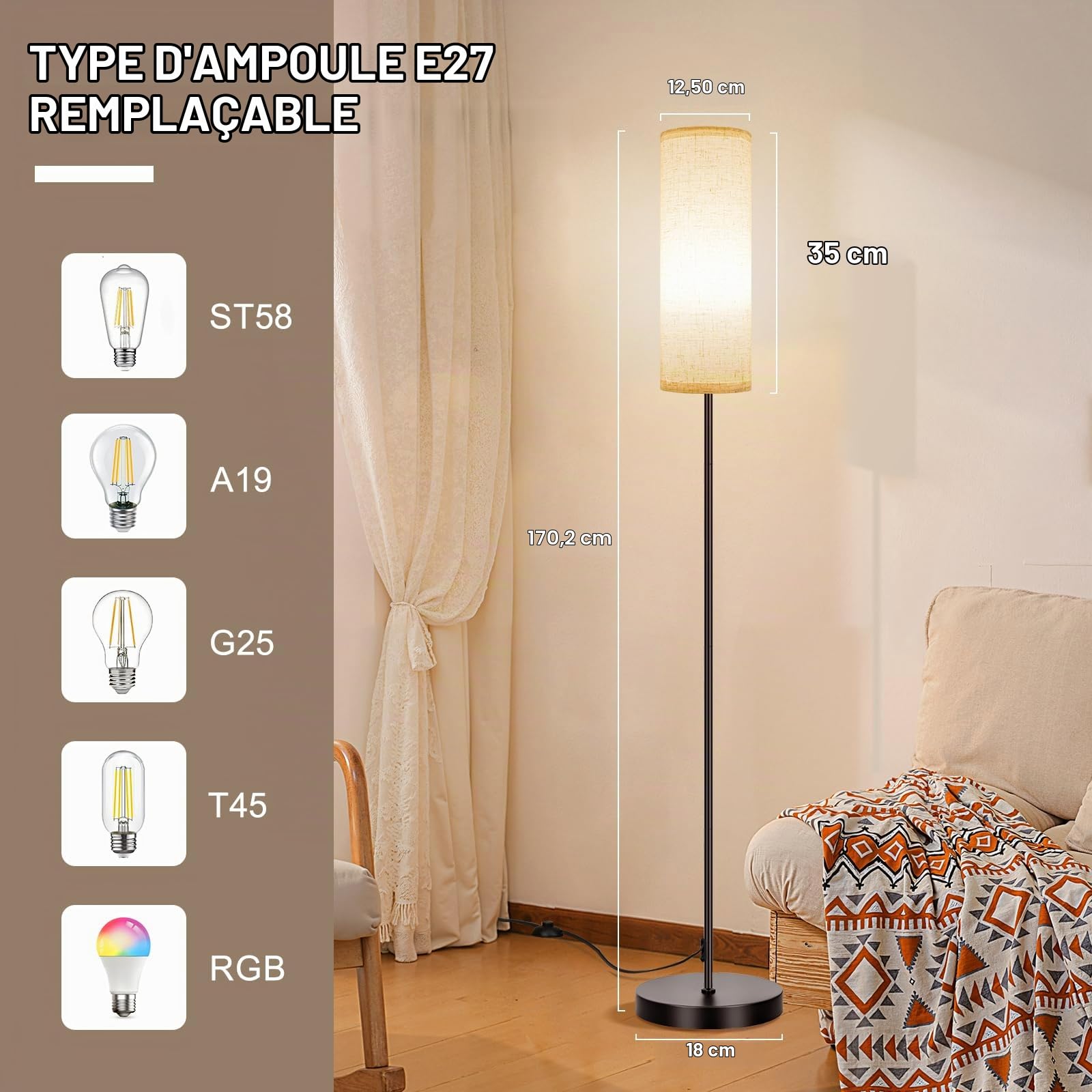 FRIDEKO HOME Lampadaire Salon Moderne, LED, Dimmable, Télécommande, Noir