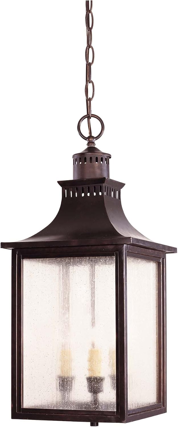 Savoy House 5-256-13 Monte Grande Modern Farmhouse Rustic Pale Cream Seeded Glass Outdoor Hanging Lantern, 3-Light 120 Total Watts, 23" H x 10" W, English Bronze