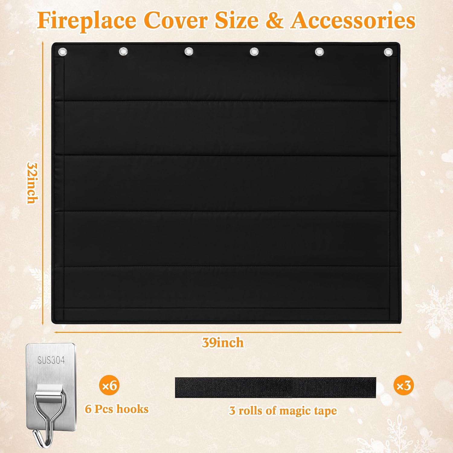 Fireplace Draft Cover - Draft Stopper Blanket with Hook & Loop Tapes, Stops Heat Loss & Cold Air, Energy-Saving Indoor Fireplace Blocker, 39"x32" Black