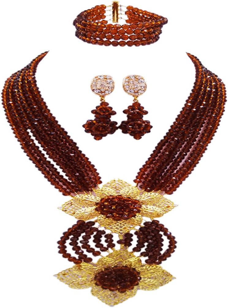 Fashion African Bead Necklace Nigerian Beads Wedding Jewelry Sets for Women (Brown)