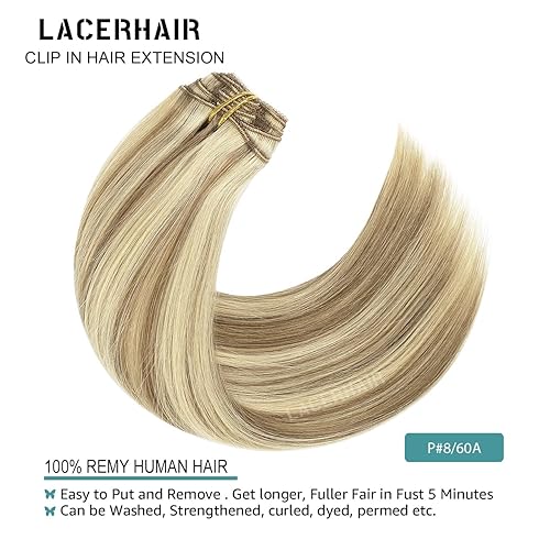 Miniatura 5 de Lacer Extensiones de cabello humano real con clip, color castaño claro, con reflejos rubio platino, grueso, sedoso y lacio, extensiones de cabello