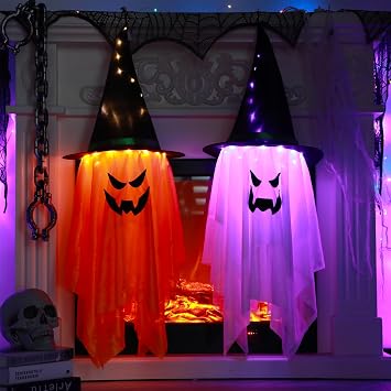 BokingOne Halloween Decoration 2 Pcs Large Halloween Lighted Glowing Ghost Witch Hats, Hanging Ghost Ornaments for Indoor Outdoor Home, Garden, Tree, Yard Party Decor