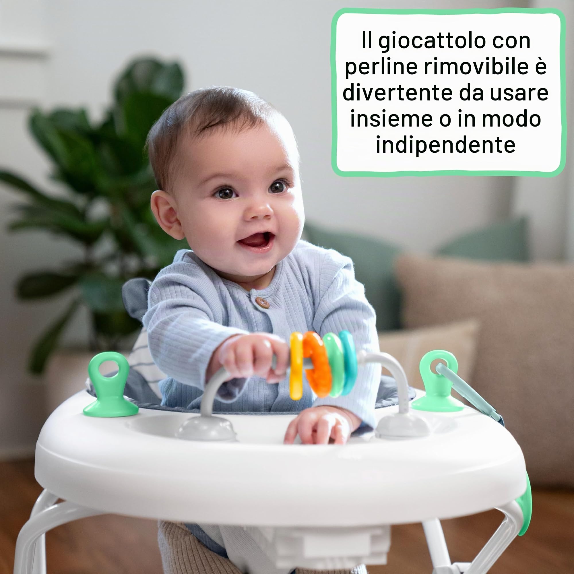 Ingenuity, Girello Multiattività Smooth Strides, Chambray, con Barra Regolabile in 3 Posizioni, Giocattoli Inclusi, Supporta lo Sviluppo, 6-12 Mesi