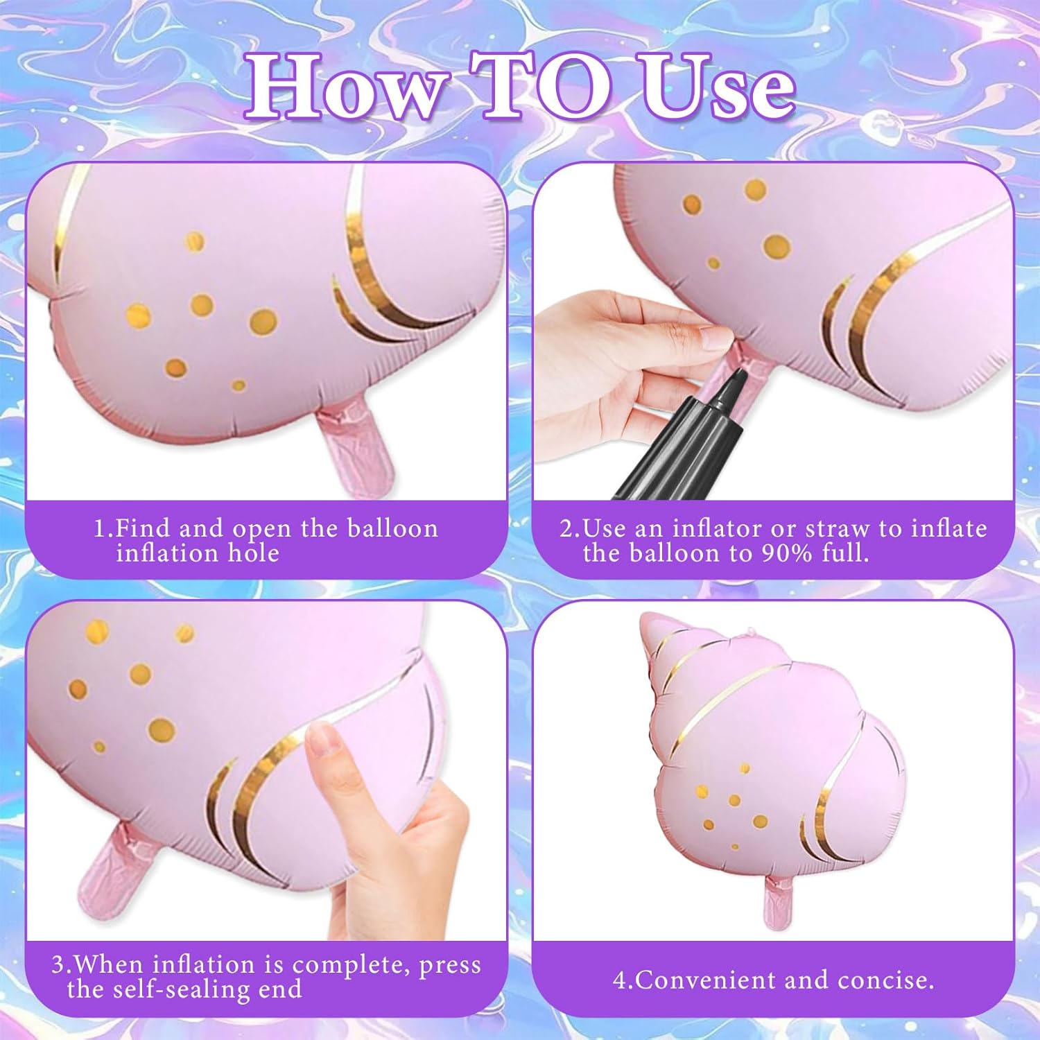 Mermaid Tail Foil Balloons, Pink & Purple, 6 Piece Set with Shell and Conch, for Under the Sea Birthday Party Decorations