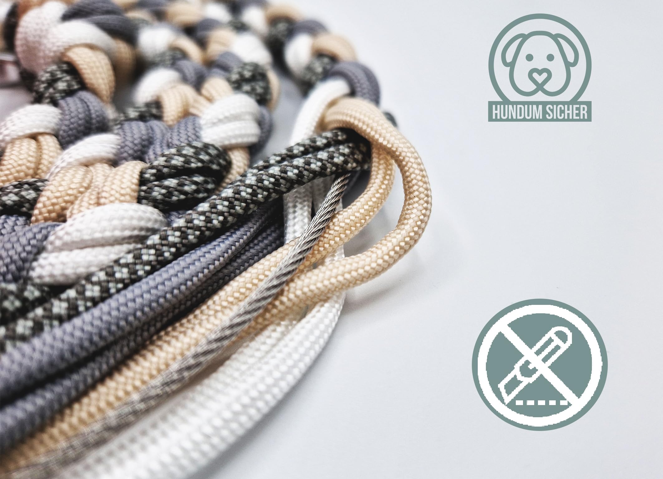 Diebstahlschutz-Hundeleine und Halsband Set, Abschließbar mit Schloss, Mehrfach verstellbar, Geflochten aus Paracord, Beige & Grau & Weiß (M (Leine: 180cm))