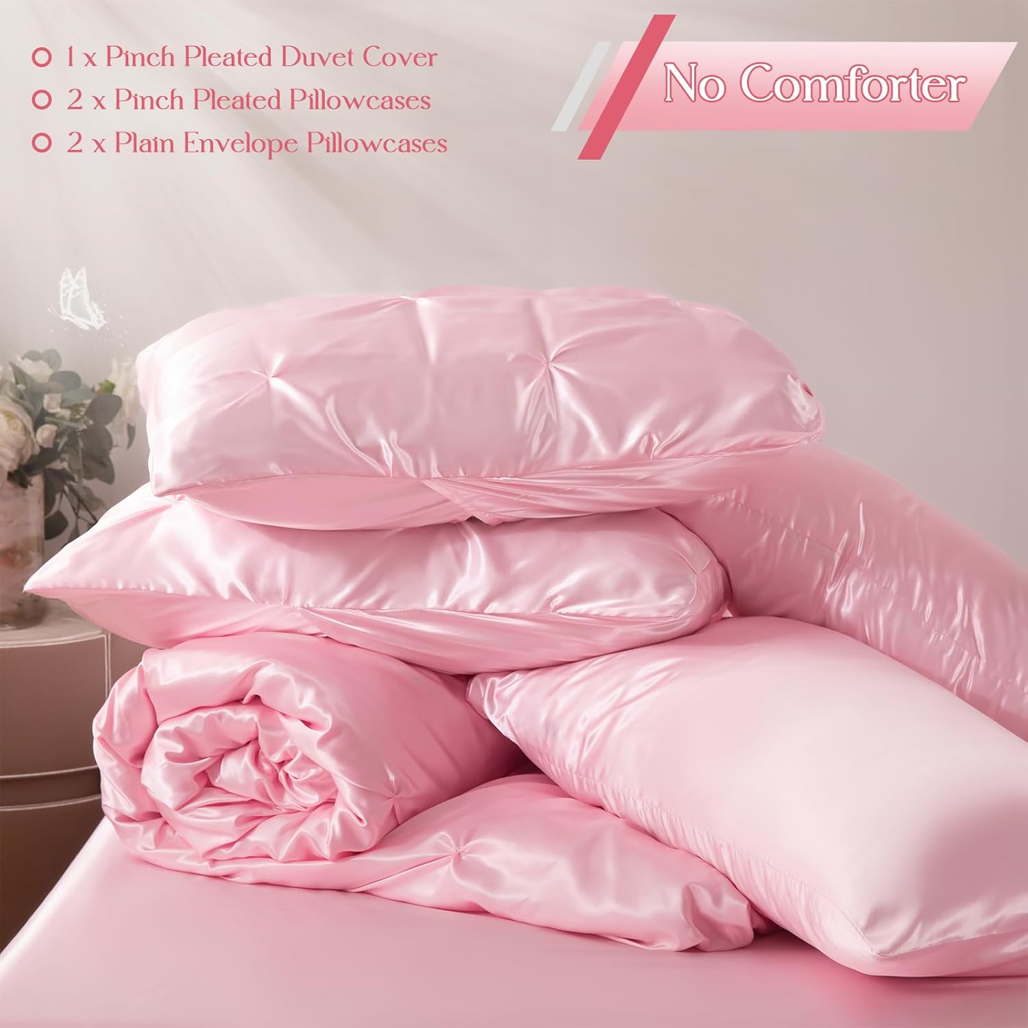 5-Piece Pinch Pleat Duvet Cover Set, Pintuck Duvet Cover Queen Size with Zipper, Light Pink Satin Duvet Cover Shabby Chic Bedding (2 Pillow Shams + 2 Pillowcases), No Comforter