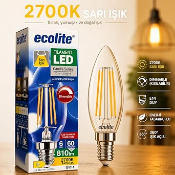 Ecolite Filament LED Mum Ampul E14 Duy 6W 810 Lümen Dim Edilebilir 2700K Sarı Işık Şeffaf Dekoratif Vintage Ampul 60W Eşdeğer C35 Candle Series (1) [Enerji Sınıfı D]