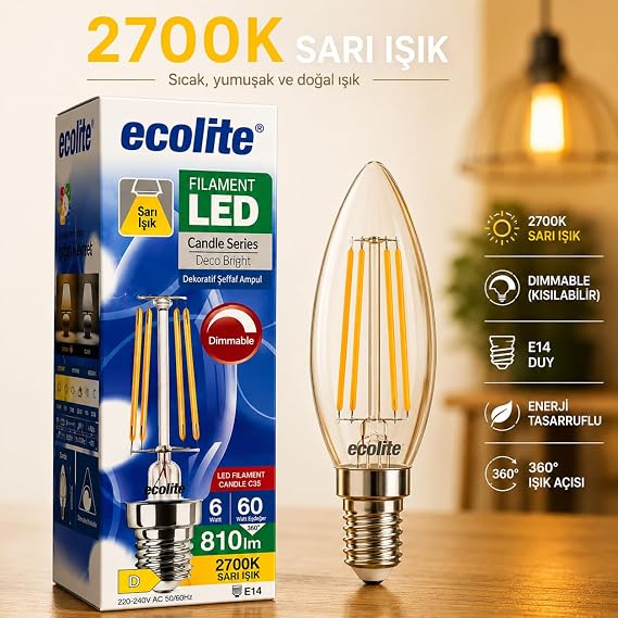 Ecolite Filament LED Mum Ampul E14 Duy 6W 810 Lümen Dim Edilebilir 2700K Sarı Işık Şeffaf Dekoratif Vintage Ampul 60W Eşdeğer C35 Candle Series (1) [Enerji Sınıfı D]