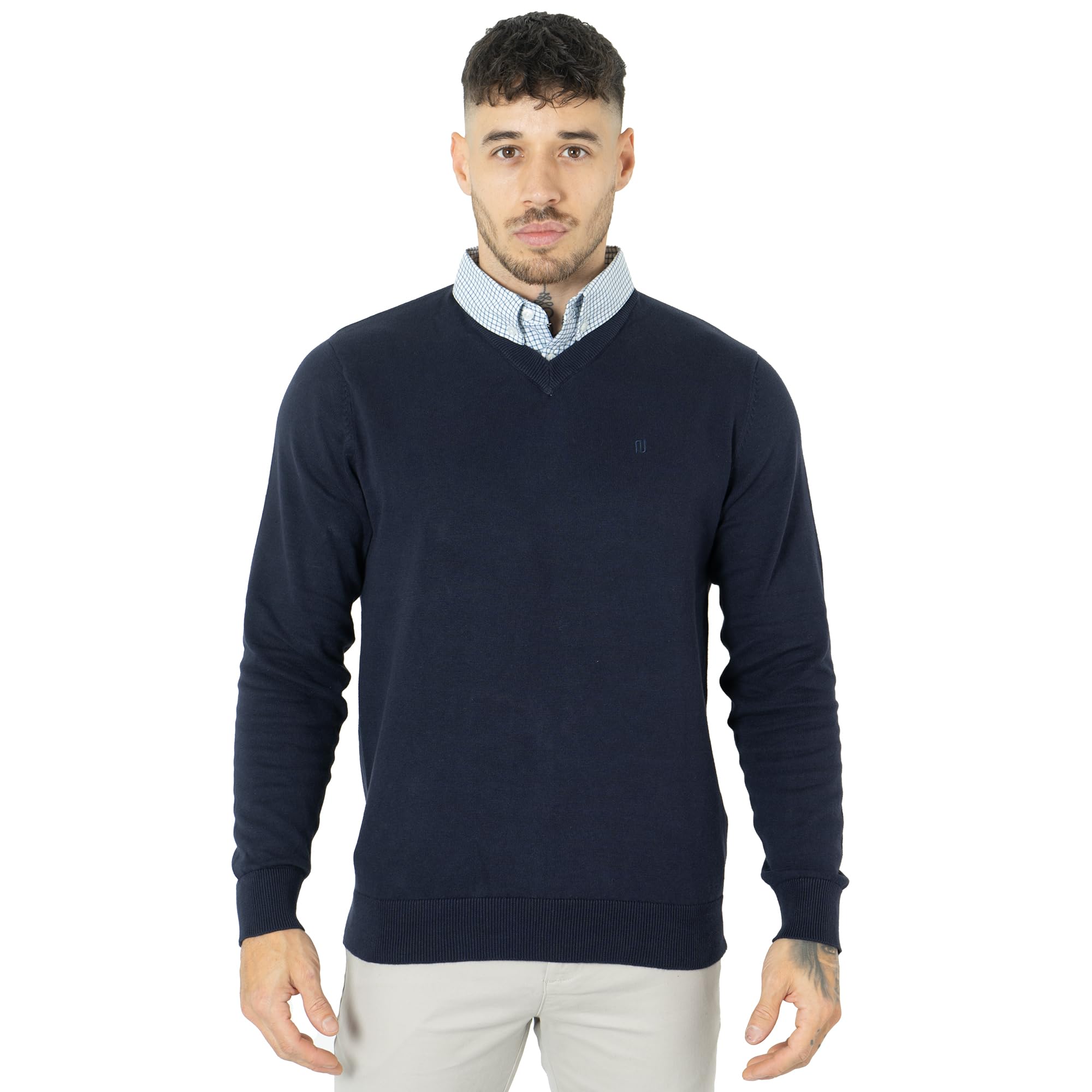 NOROZE Men's Jumper Mock Collar Knitted V-Neck Plain Classic Sweater Pullover Knitted Sweatshirt (4XL, Navy)