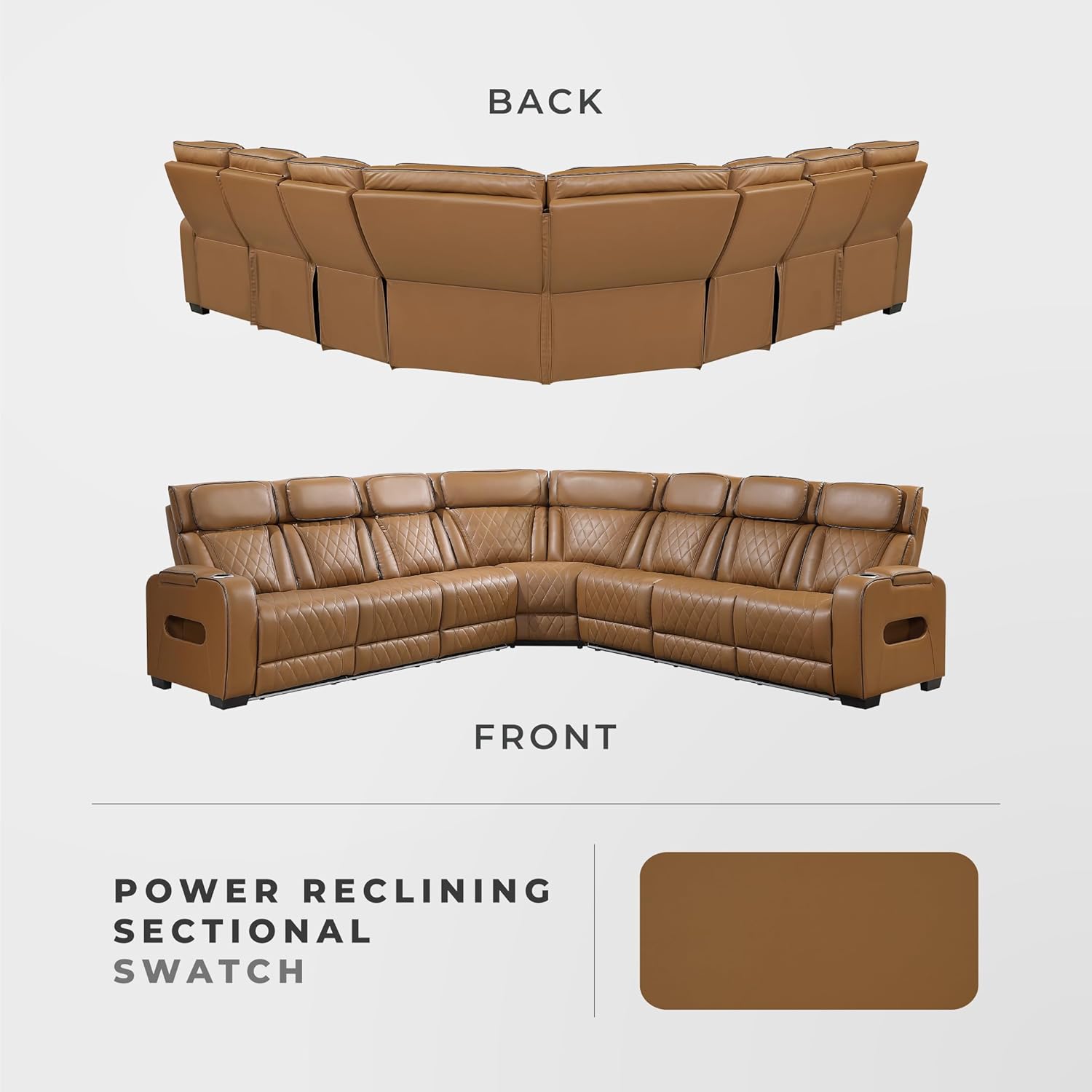 Lexicon 128" Power Reclining Sectional Sofa, Wall Hugger, 2 Recliner Seats, 2 Storage Arms, Drop-Down Cup Holders, Power Headrests, Wireless Charger, Charging Ports, LED Lighting, Faux Leather Brown