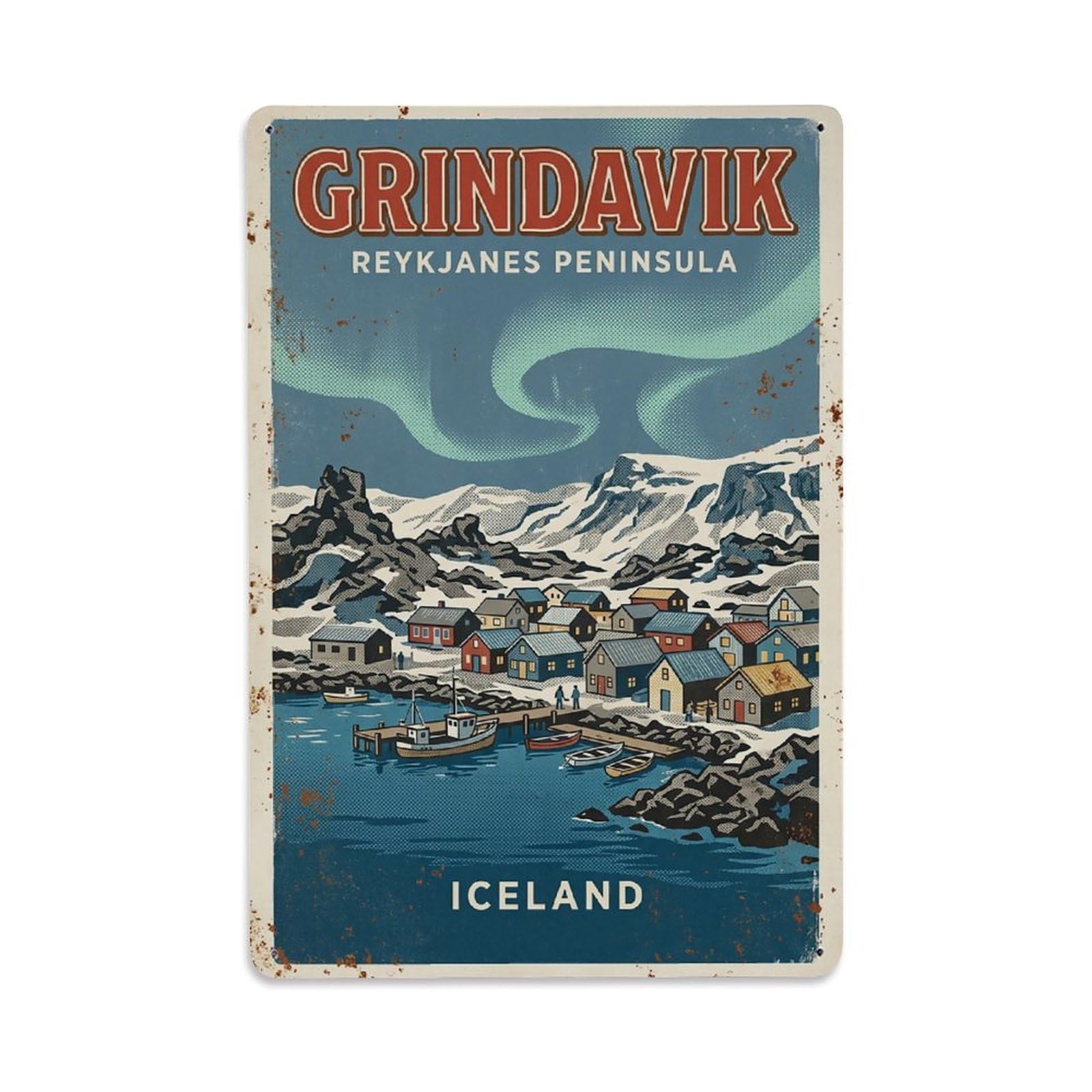 Vintage Travel Grindavik Iceland Town Metal Tin Sign