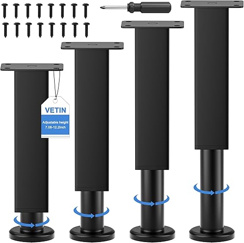 Miniatura 10 de 4 patas ajustables para muebles, de 5.9 a 9.8 pulgadas, metal para gabinete, sofá, cama y mesa, color negro