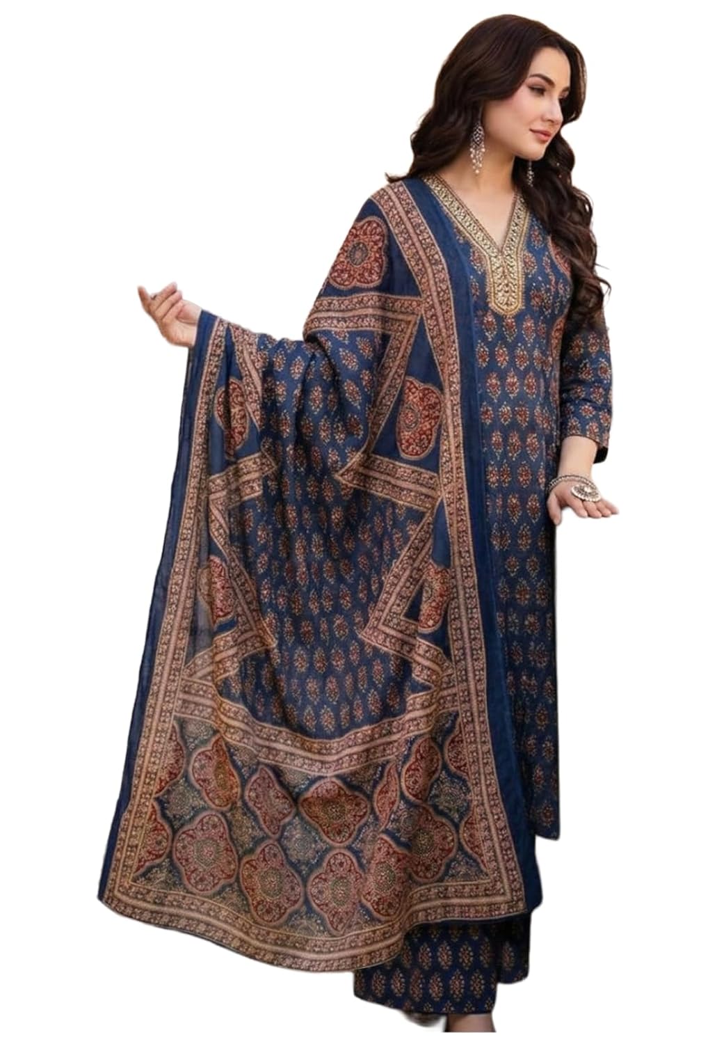 ANNI Designer Kurta Sets for Women Viscose Blend Printed | Kurta Palazzo Dupatta Set | A Line Kurti Set for Women | V Neck 3/4 Sleeve Ethnic Suit | Designer Indian Kurti Outfit with Palazzo
