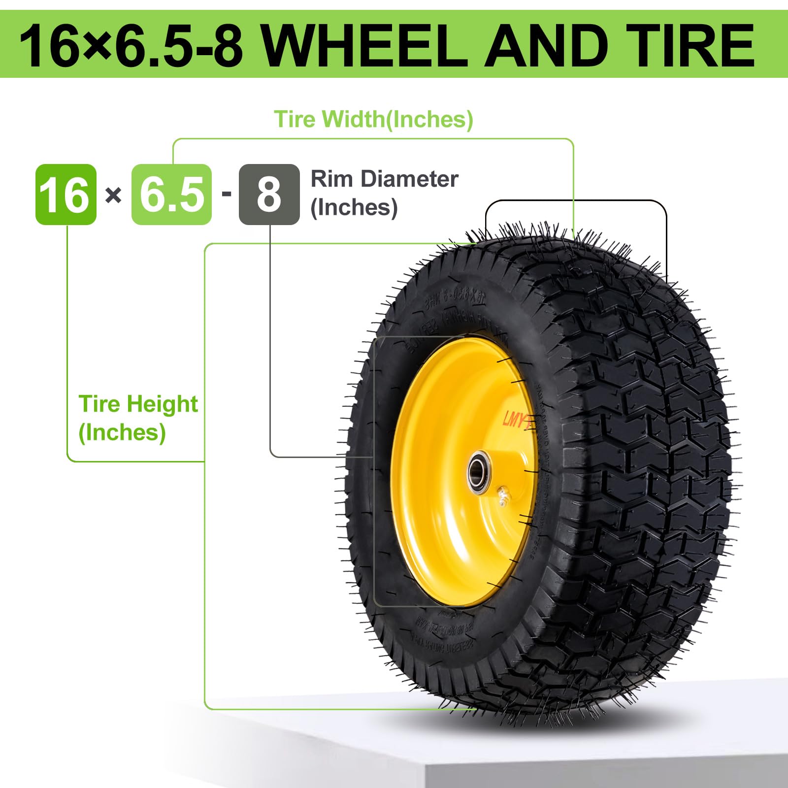 Neumático y rueda sin cámara de 16 x 6.5-8, 2 piezas de repuesto para cortacésped, tractor de jardín, neumático de rueda delantera con cubo de desplazamiento de 3 pulgadas, rodamiento de 3/4