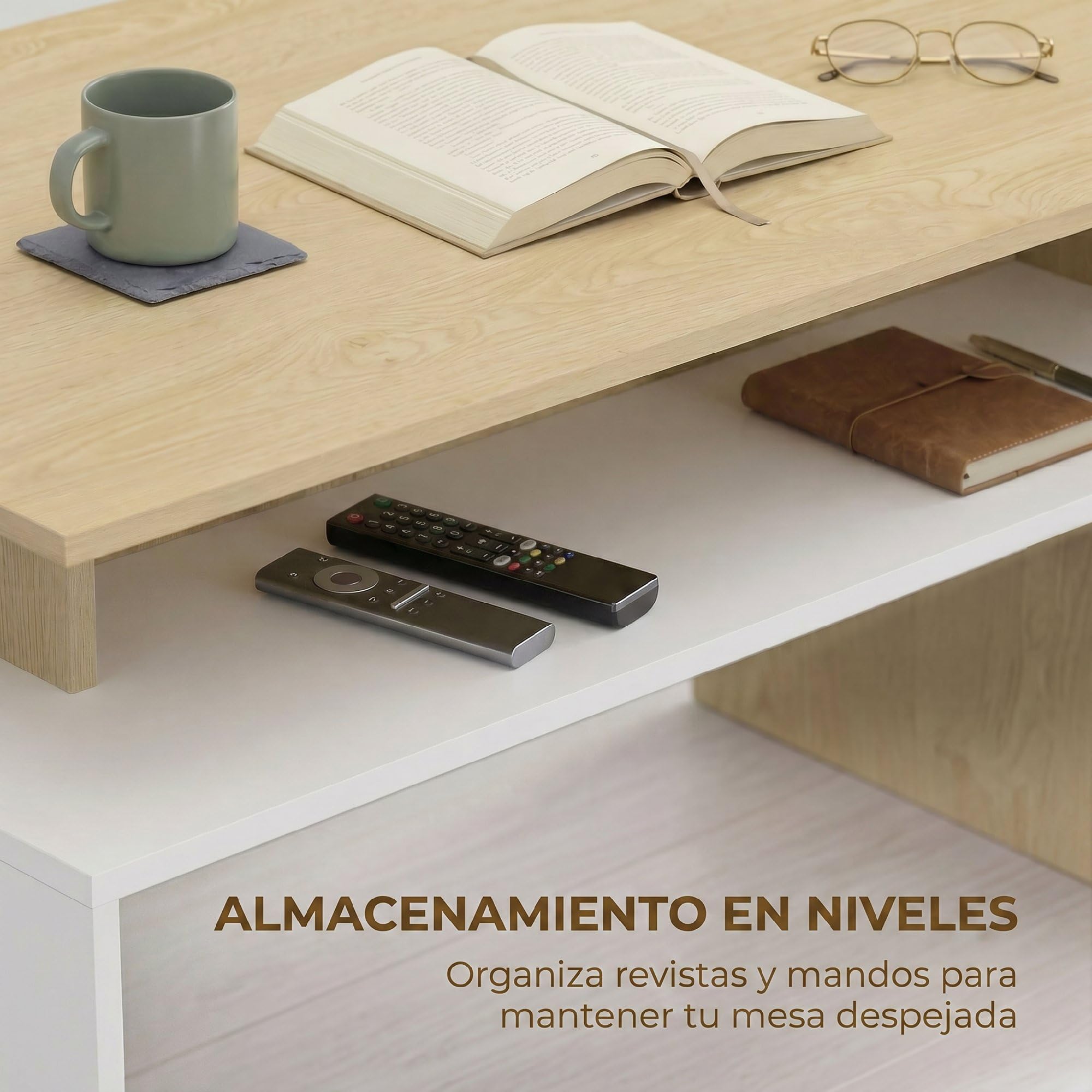 HOMCOM Mesa de Centro Moderna Compartimento 95x55x50 cm Natural y Blanco | Mesa Baja para Salón, Sala de Estar
