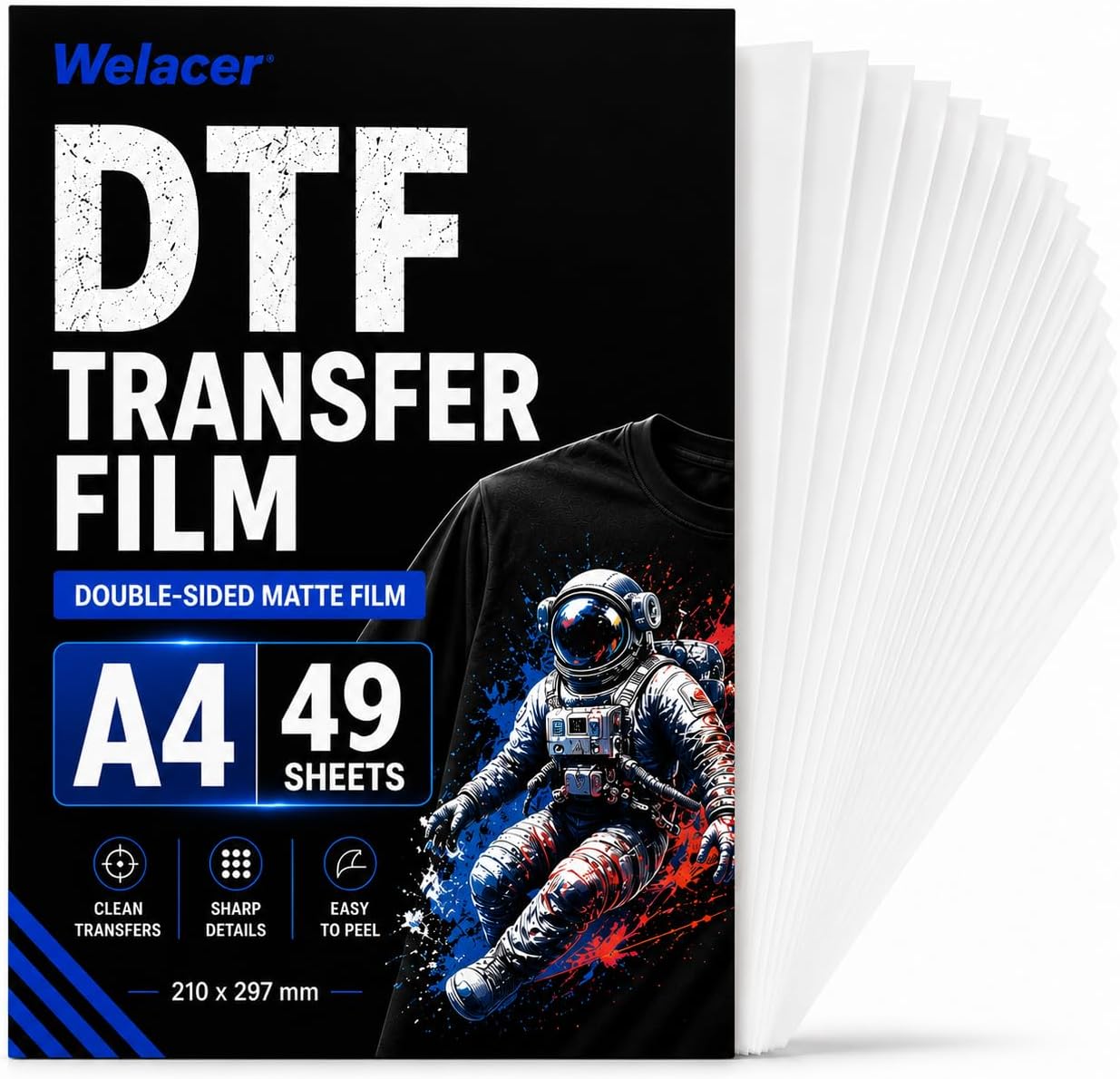 Welacer DTF Transfer Film A4 49 Sheets, Double-Sided Matte PET Film for DTF Printing, Hot & Cold Peel for T-Shirts, Cotton, Polyester & Blends