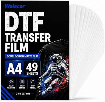 Welacer DTF Transfer Film A4 29 Sheets, Double-Sided Matte PET Film for DTF Printing, Hot & Cold Peel for T-Shirts, Cotton, Polyester & Blends