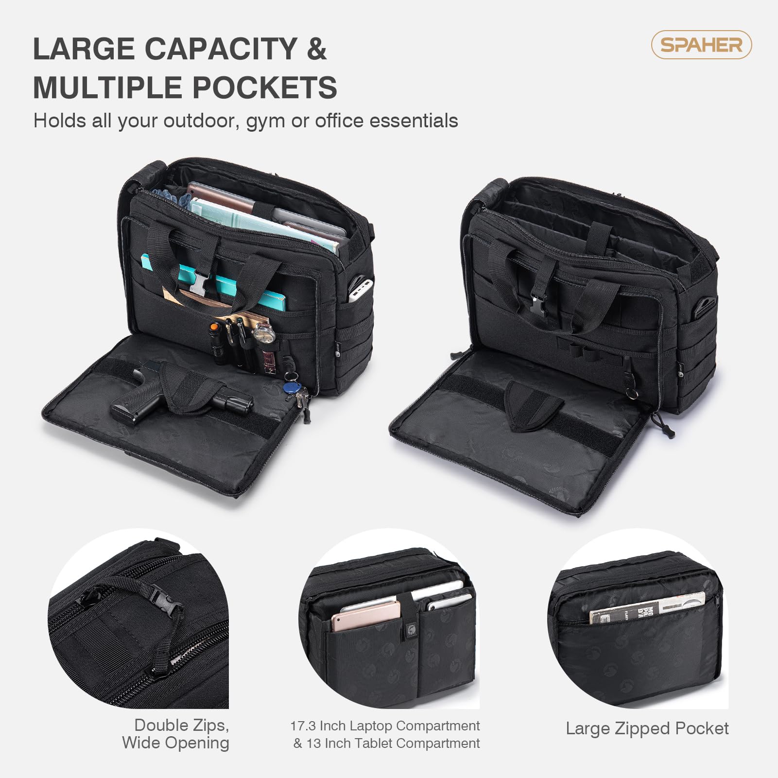 SPAHER 3 in 1 Borsa Porta PC 17,3" Zaino Tattica Borsello Uomo a Mano Nero | Sistema MOLLE, Scomparto per Laptop Imbottito, Oxford Impermeabile, Tracolla Nascosta, per Lavoro Camping Escursioni Viaggi