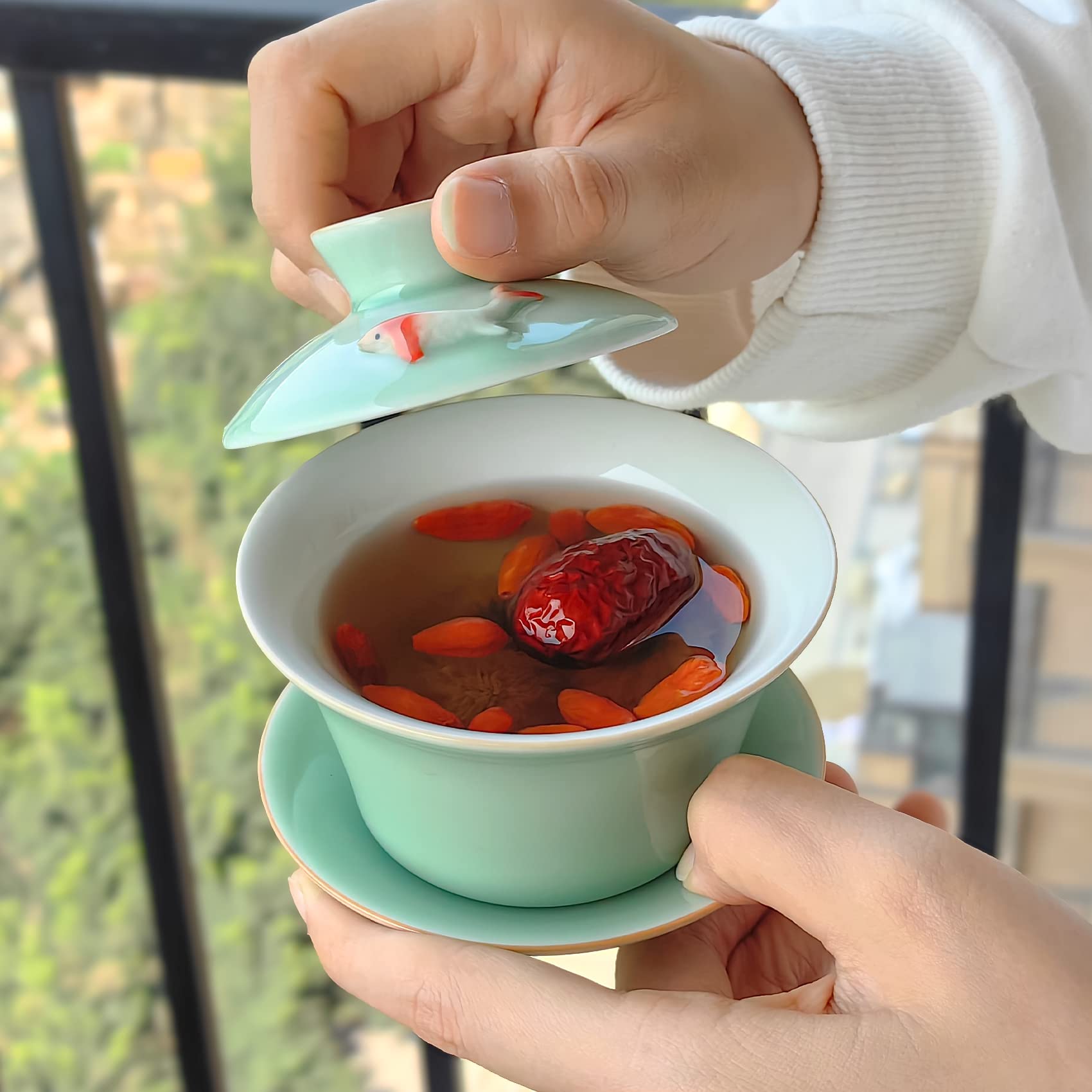 Ceramic Gai Wan Set, Gaiwan Tea Cup With Lid For Chinese Traditional Gongfu tea Ceremony Brew Loose Oolong/Puerh Tea (fish) - Image 4