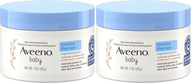 Aveeno Baby Eczema Therapy Nighttime Moisturizing Balm, Colloidal Oatmeal & Ceramide, Soothes & Relieves Dry, Itchy Skin from Eczema, Hypoallergenic, Fragrance-Free, Travel Size, 1 oz (Pack of 2)
