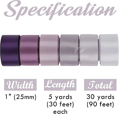 Miniatura 5 de HUIHUANG Cinta de satén lila, surtido de seda de doble cara de 1 pulgada para bodas, decoración de despedida de soltera, manualidades, lazos para el