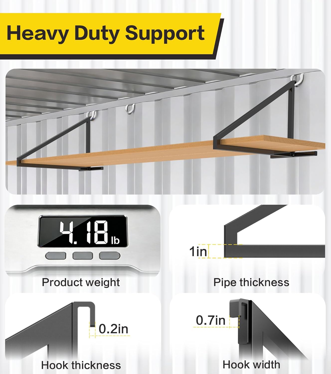 4 Pack Shipping Container Shelving，1 Tier Shipping Container Shelf Brackets，Black Powder-Coated Steel, 650 lbs Capacity per Stand, Easy to Install and Remove