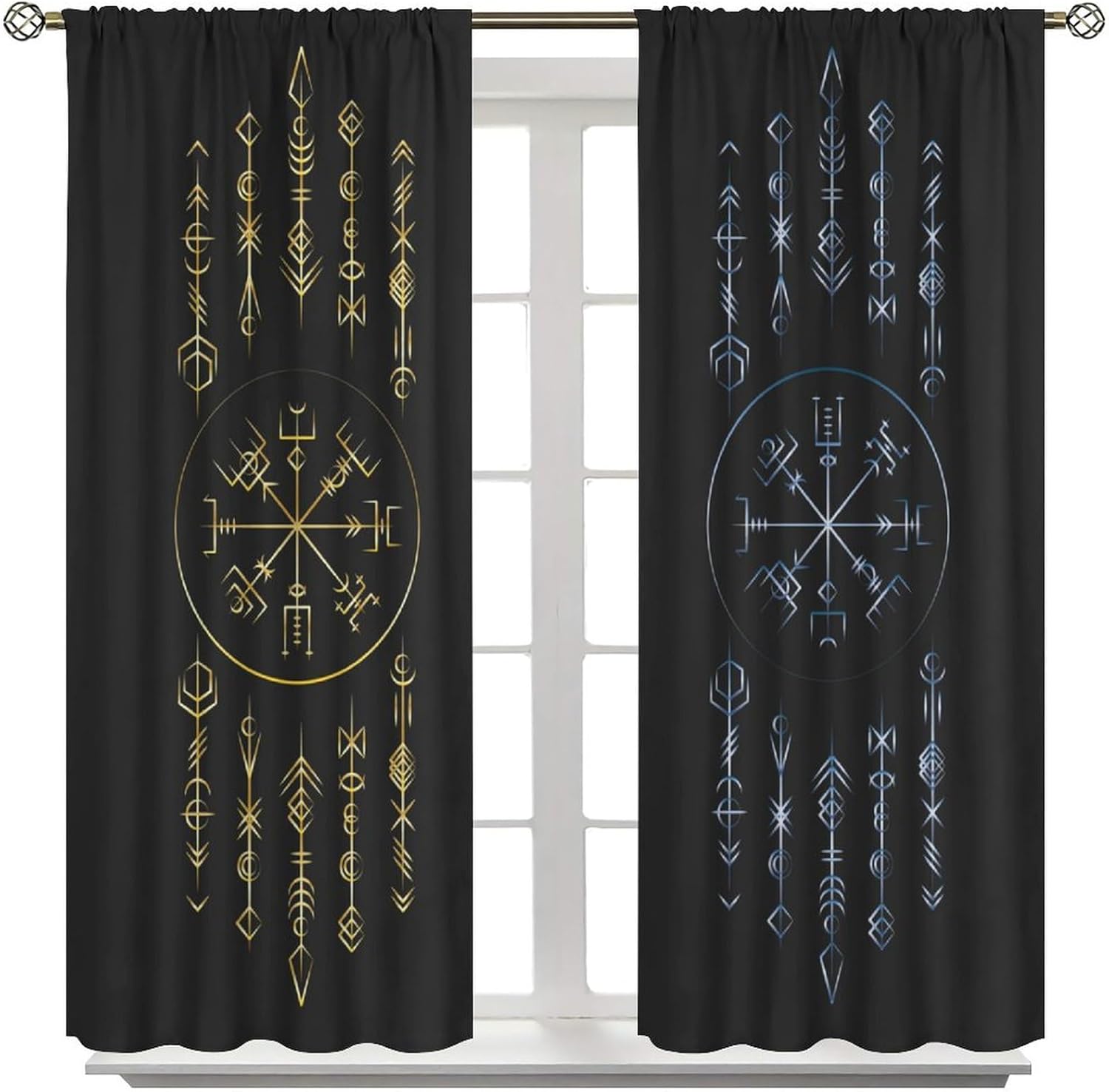 Viking Curtains, Golden Blue Gradient Colors Ancient Magic Runic Symbols Blackout Window Treatments, Rod Pocket Thermal Insulated Drapes 2 Panel Sets for Bedroom Living Room Kitchen, 42"W X 45"L