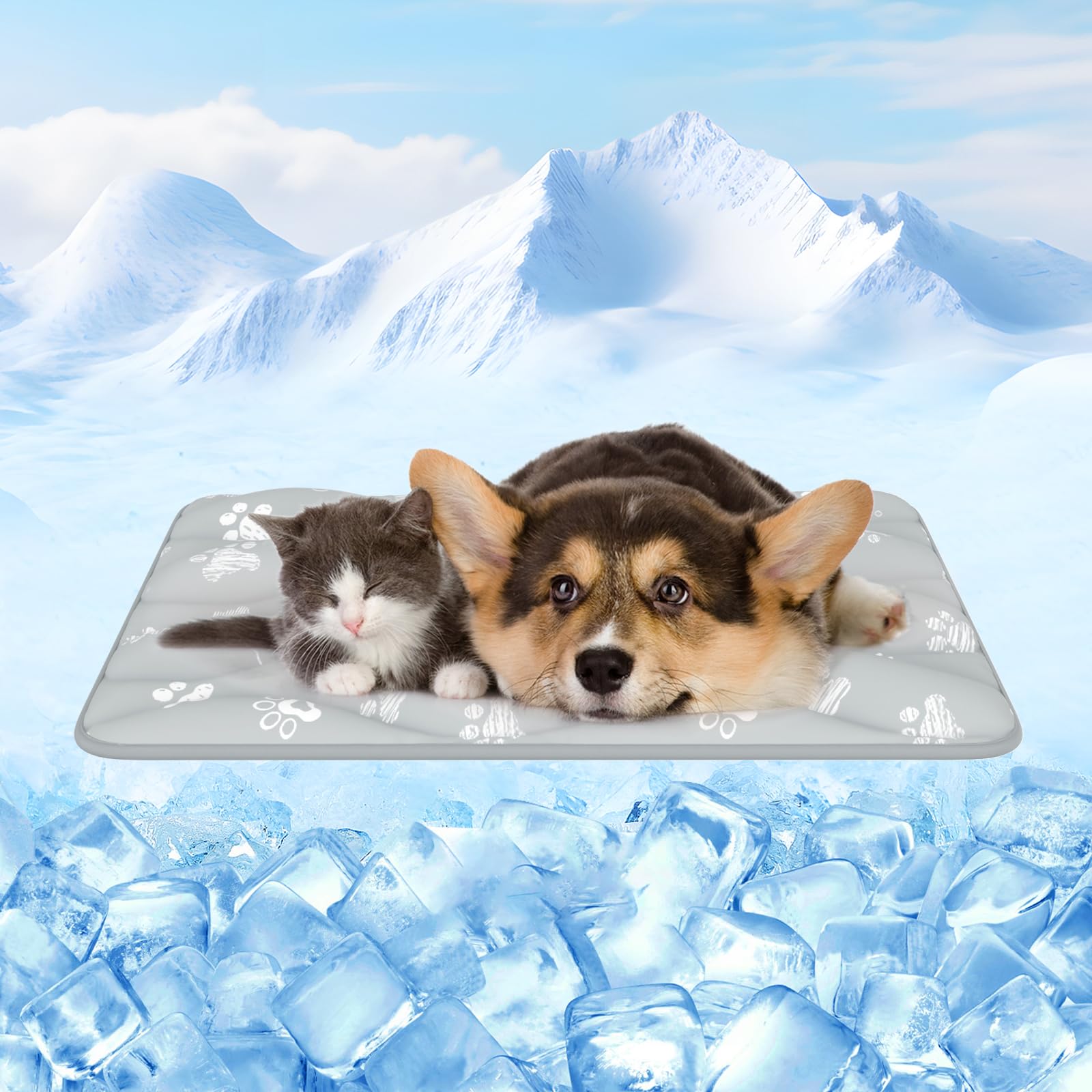 Rywell 【Moisture-Absorbent】 Cat Cooling Mat 45x60cm, Quick Dry Arc-Chill Cooling Mat for Cats/Puppies/Rabbit/Guinea Pig, Color-Changing,Washable Waterproof Non-Slip Dog Cooling Pad, Grey