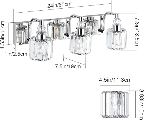 Miniatura 6 de Ralbay Lámparas de tocador de cristal, 3 luces, modernas, de cristal, para baño, sobre espejo, acero inoxidable, cromado, para pared de baño,