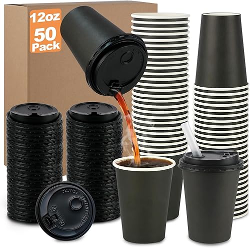 kwkwoice Taza desechable de 12 onzas con tapa, taza de papel para llevar, taza de café, taza de bebida caliente, material de grado alimenticio, taza