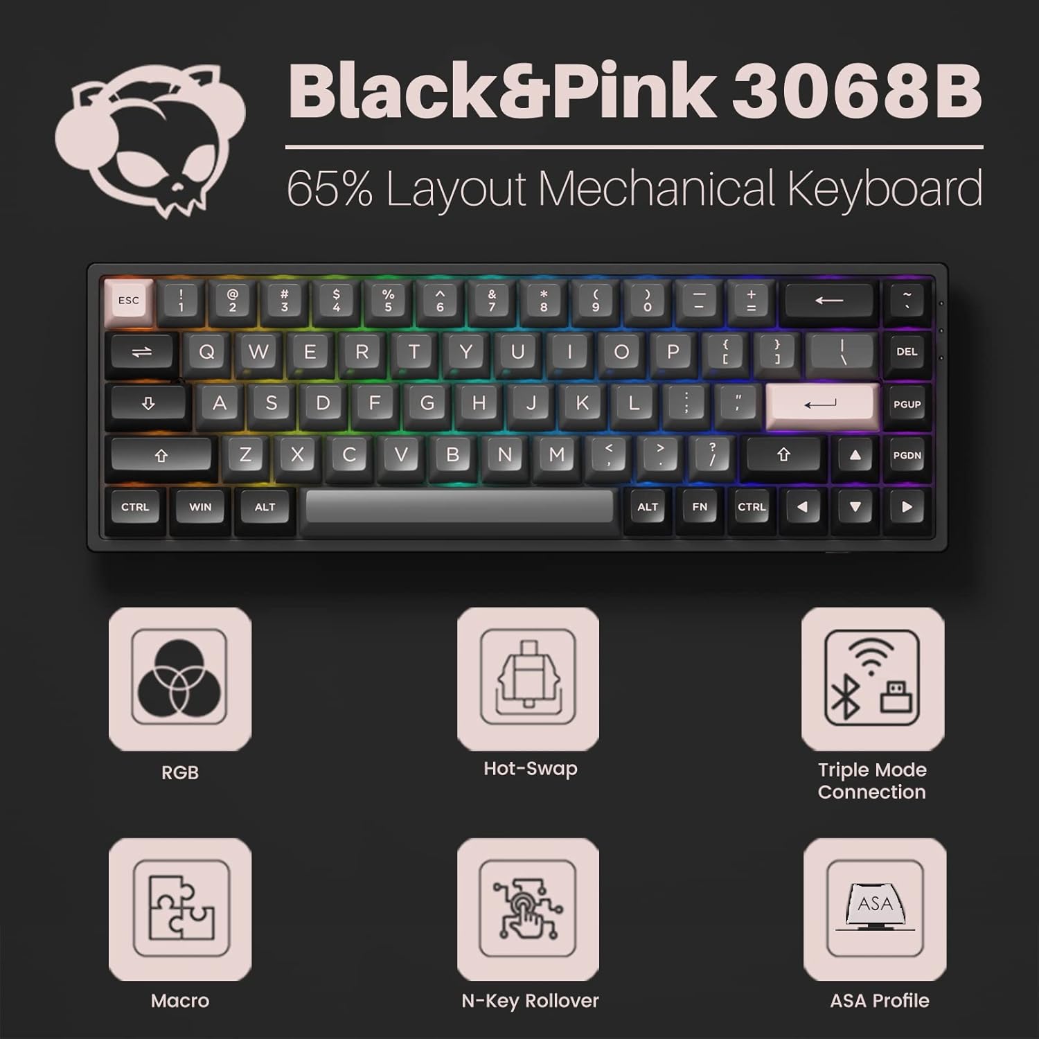 Akko Black & Pink 3068B Hot-swappable Mechanical Gaming Keyboard with PBT Keycaps, 2.4G Wireless/Bluetooth/Wired 65 Percent RGB Keyboard, Compatible with Mac & Win TTC Demon Switch