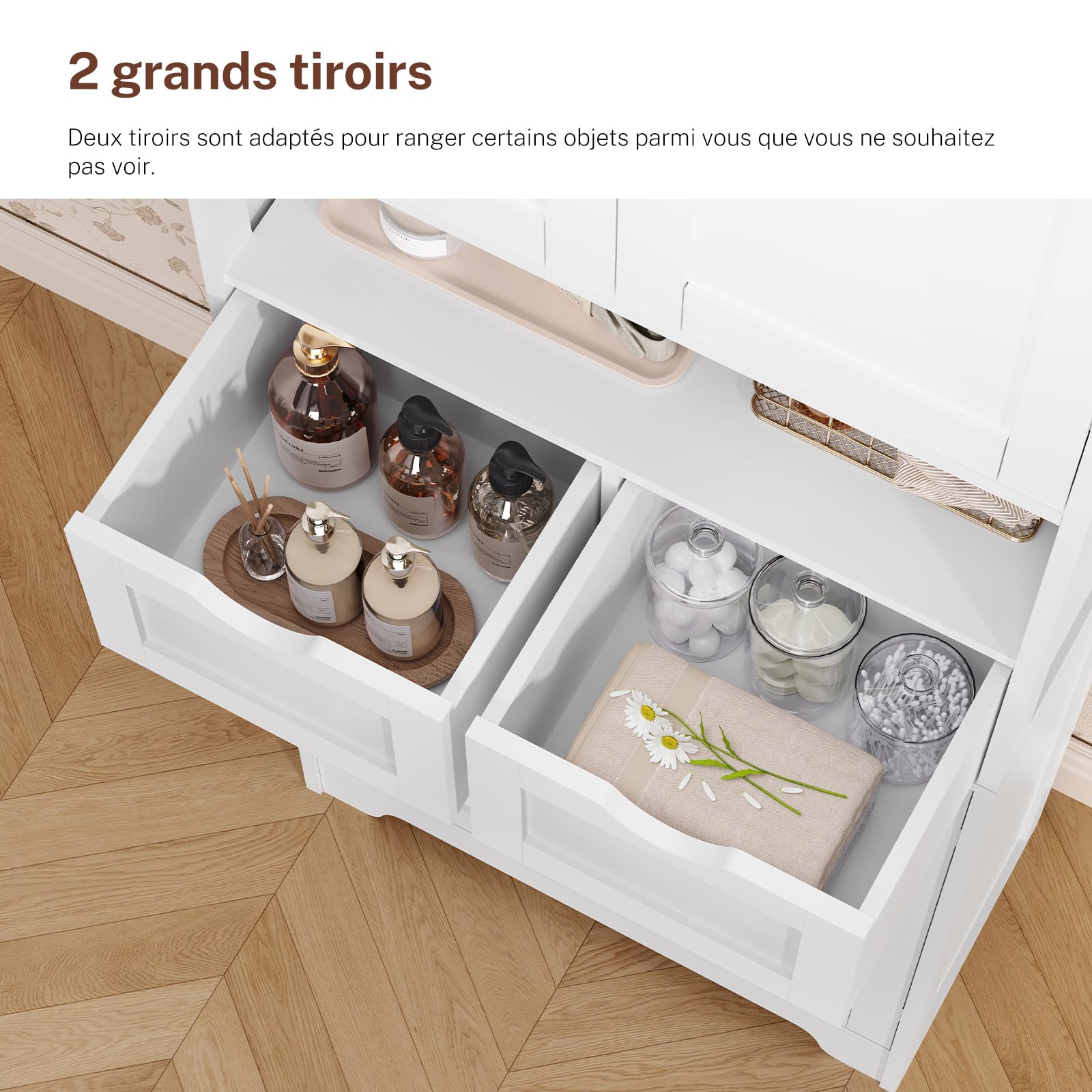 TEENFON Meuble de Salle de Bain avec 4 Portes, Armoire de Rangement Colonne avec 2 Étagères Réglables et 2 Tiroirs, 60x30x147 cm, Blanc