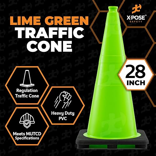 Miniatura 3 de Cono de tráfico verde lima de 28 pulgadas, paquete de 4, cono de seguridad de PVC de alta calidad para estacionamiento, precaución, construcción,