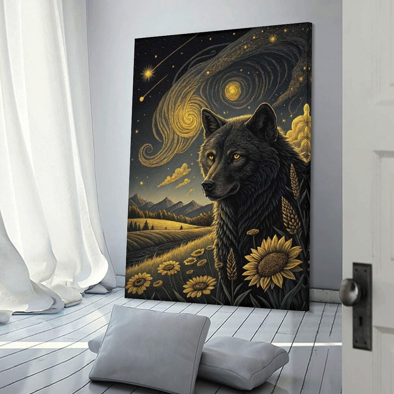 Junmoney Wolf Under A Starry Sky Canvas Wall Decor, 24x36inch(60x90cm), for Apartment Walls, Studios Or Work Areas, Decorative Canvas Decor for Home Updates