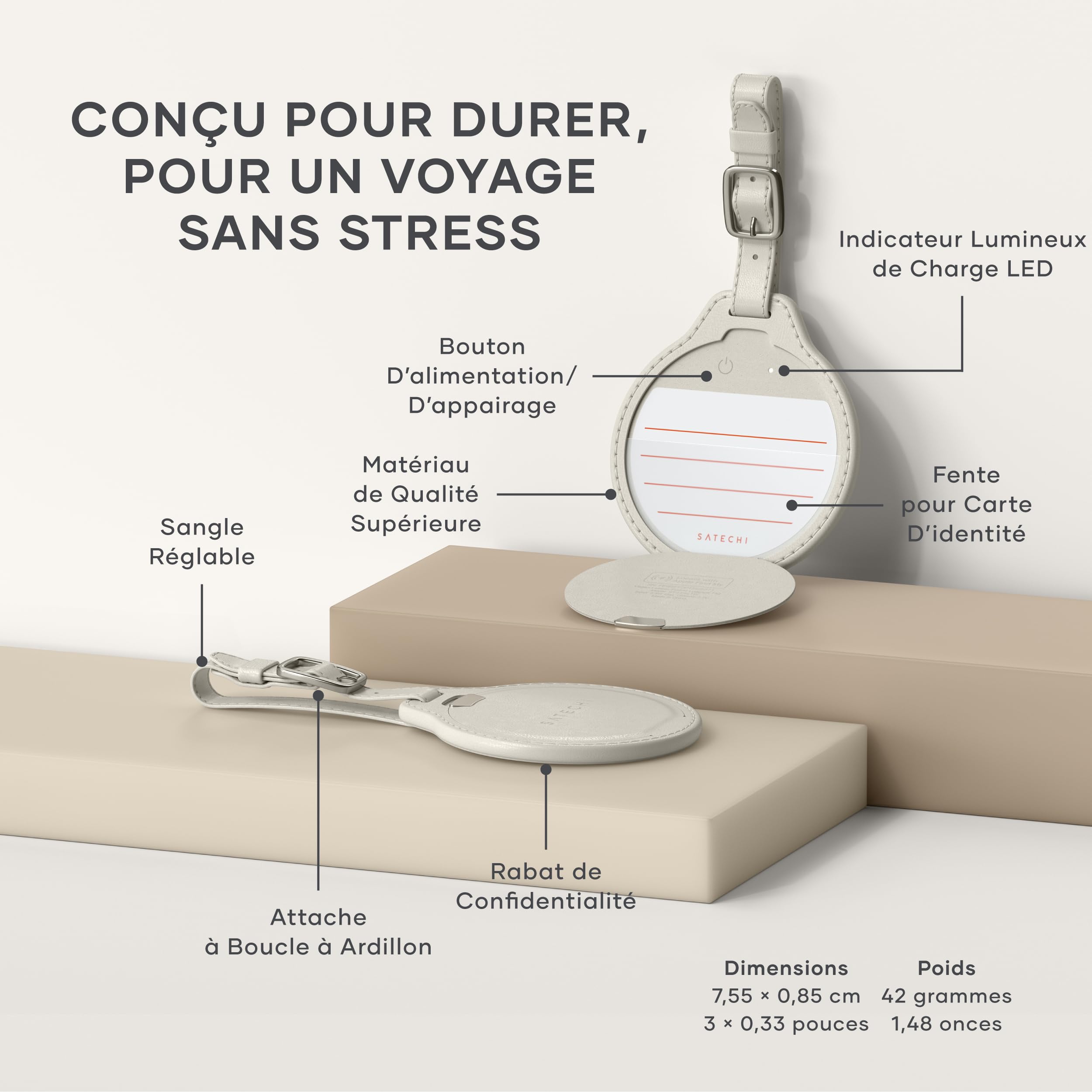 SATECHI FindAll Traceur GPS pour Bagage, Apple Find My, Beige | Localisateur Bluetooth, recharge sans fil, compatible TSA, alertes d'oubli puissantes, pour iPhone, iPad, Mac