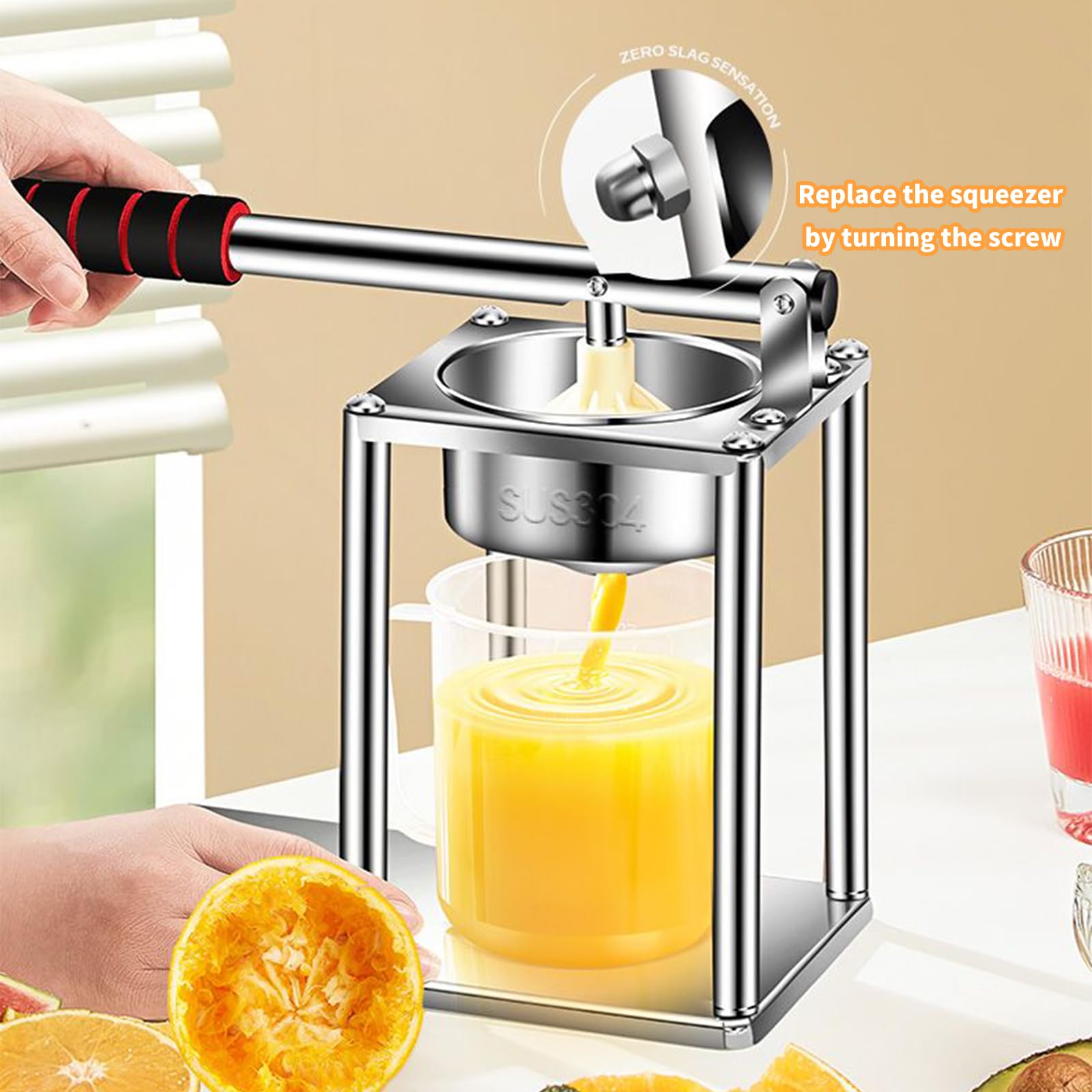 Edelstahl Saftpresse, manuell bedienbare Zitruspresse, Manuelle Orangensaftpresse aus Edelstahl 304 in Lebensmittelqualität mit ergonomischer EVA Griff, Einfach frische Säfte pressen