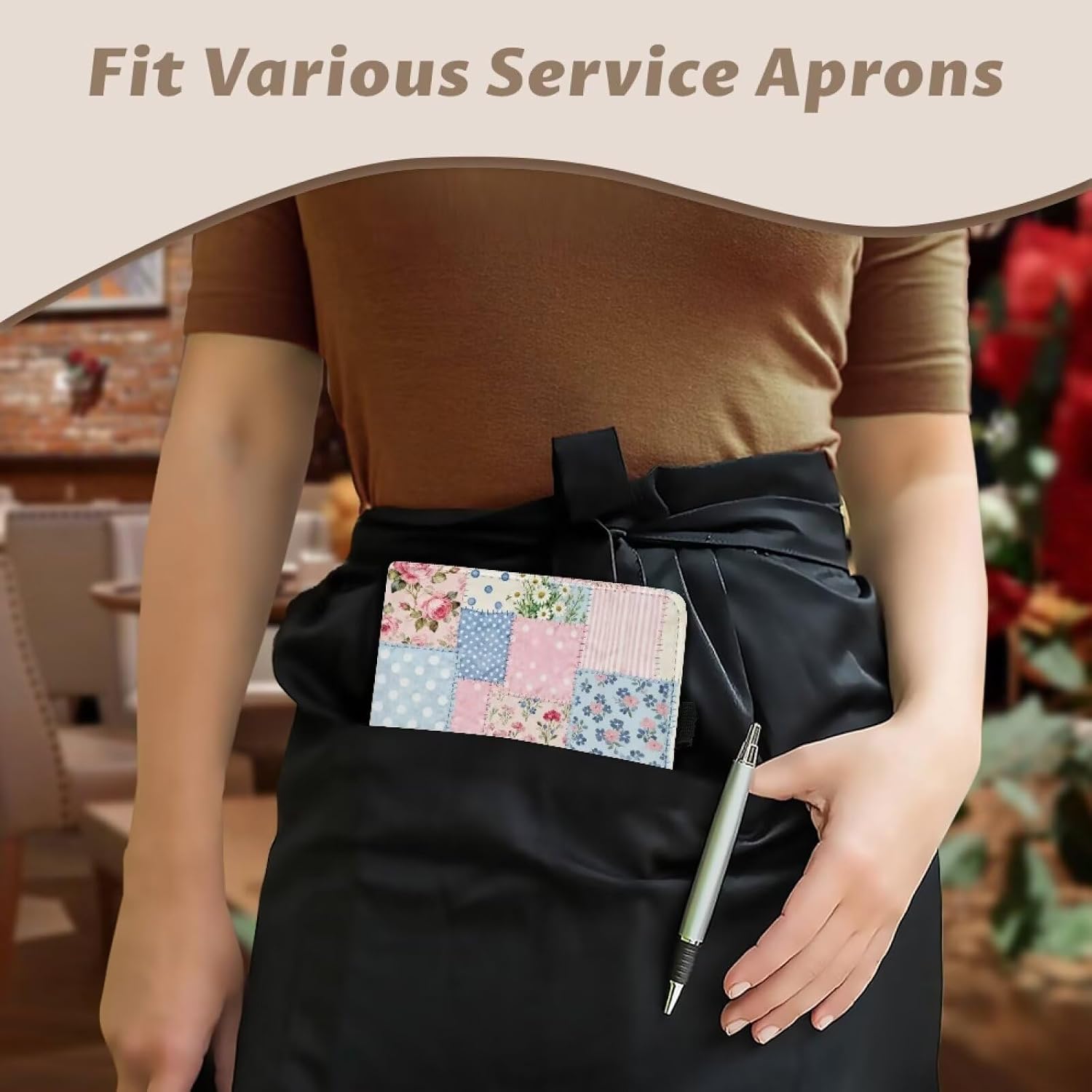 Floral Patchwork Server Book for Waitress, Organizer Book with Zipper Pocket, PU Leather Waiter Serving Book with Pen Holder for Waitress Notepads Card Holder for Restaurants Bar