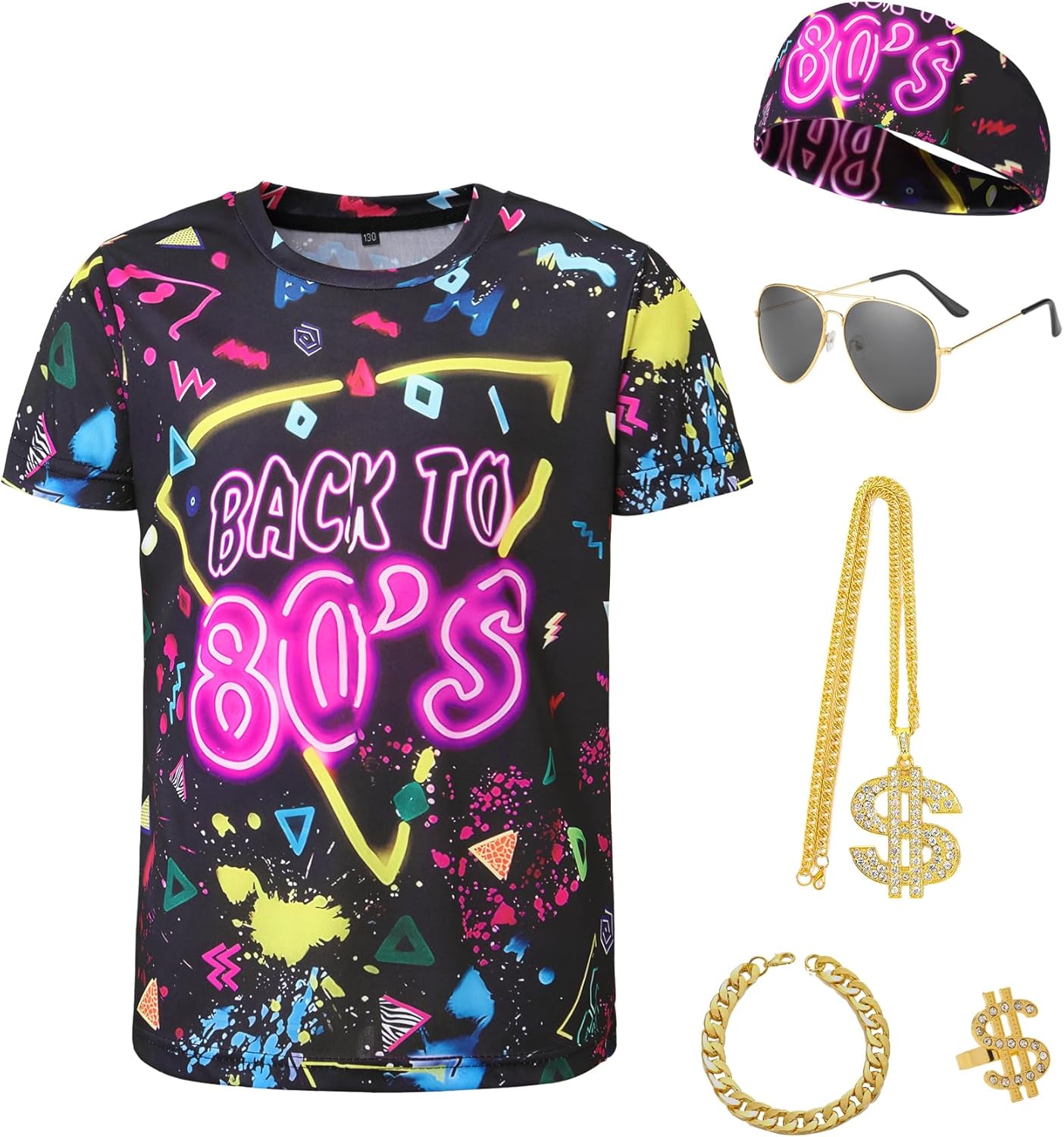 80s 90s Outfits for Boys 6 Pcs Hip Hop Rapper Accessories Kids Colorful T Shirt Costume for Cosplay Theme Party