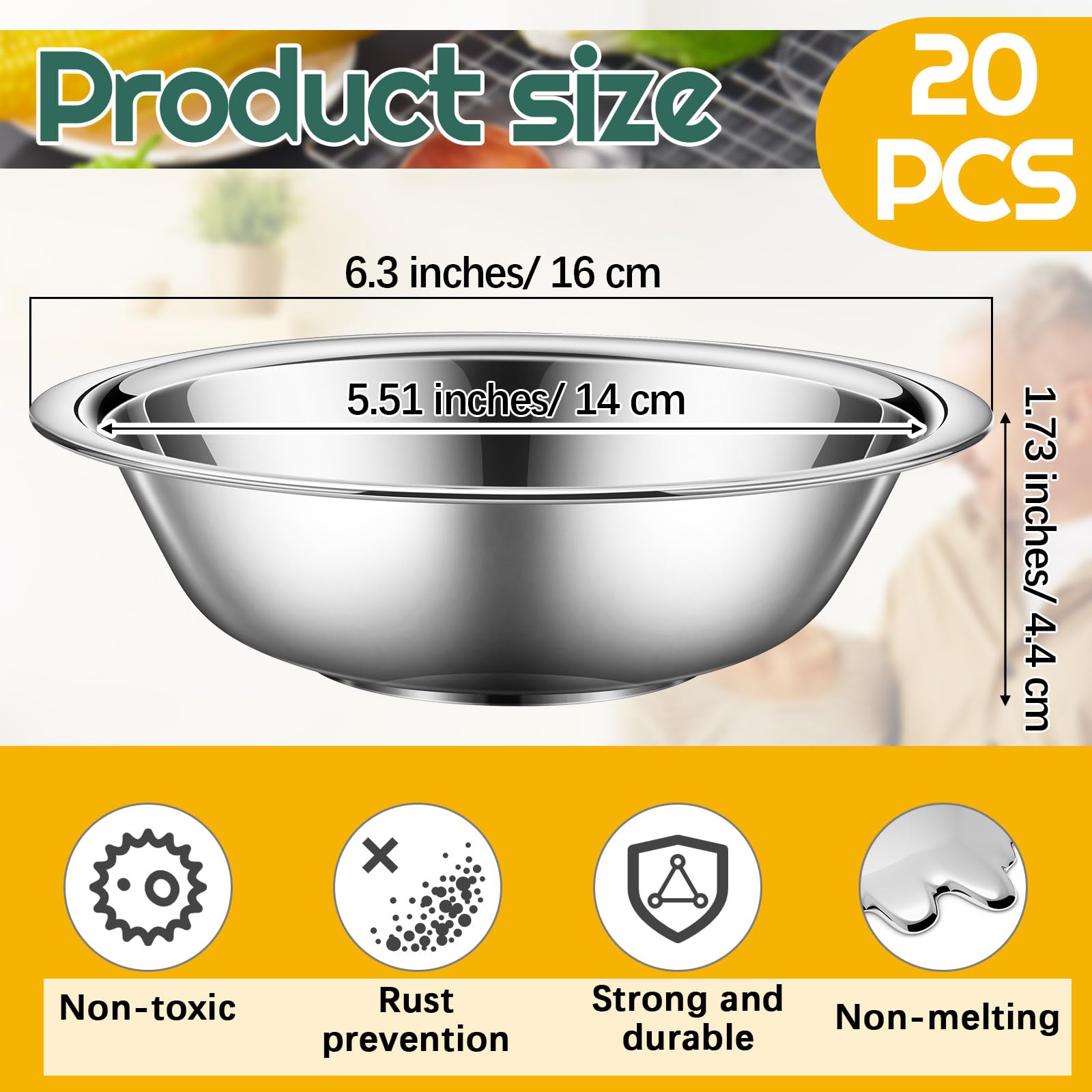 Tioncy 20 Pack Small Stainless Steel Bowls 6.3 Inch Wide Prep Stainless Steel Mixing Bowls Set Metal Cat Dog Dishes for Kitchen Meal Prep Cooking Serving Baking