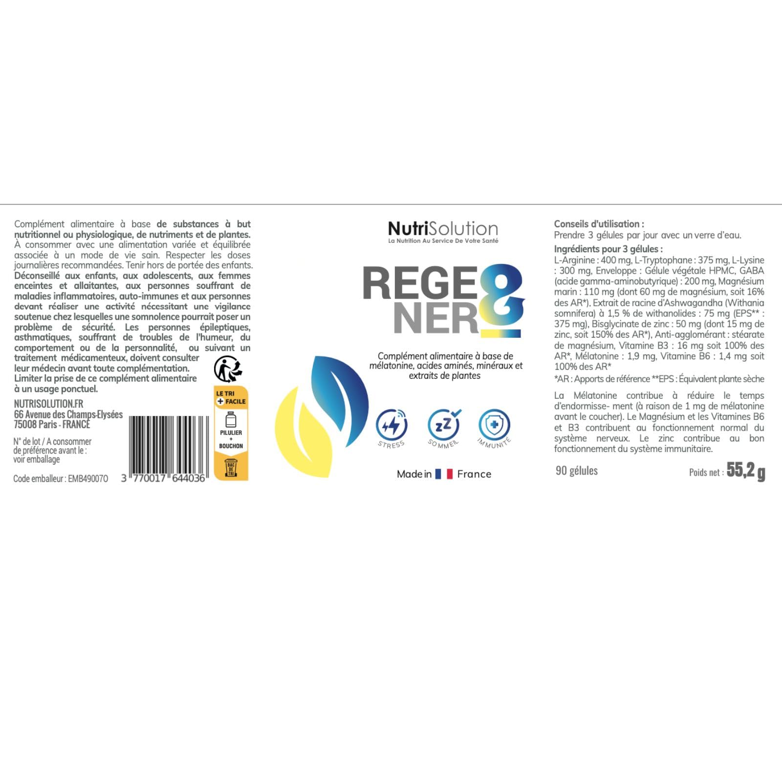 Nutrisolution - Regener8 - Complément Alimentaire Anti-Âge pour Lutter contre le Stress et Favoriser Sommeil & Immunité - Mélatonine, Acides Aminés, Extraits de Plantes - Made in France - 90 gélules