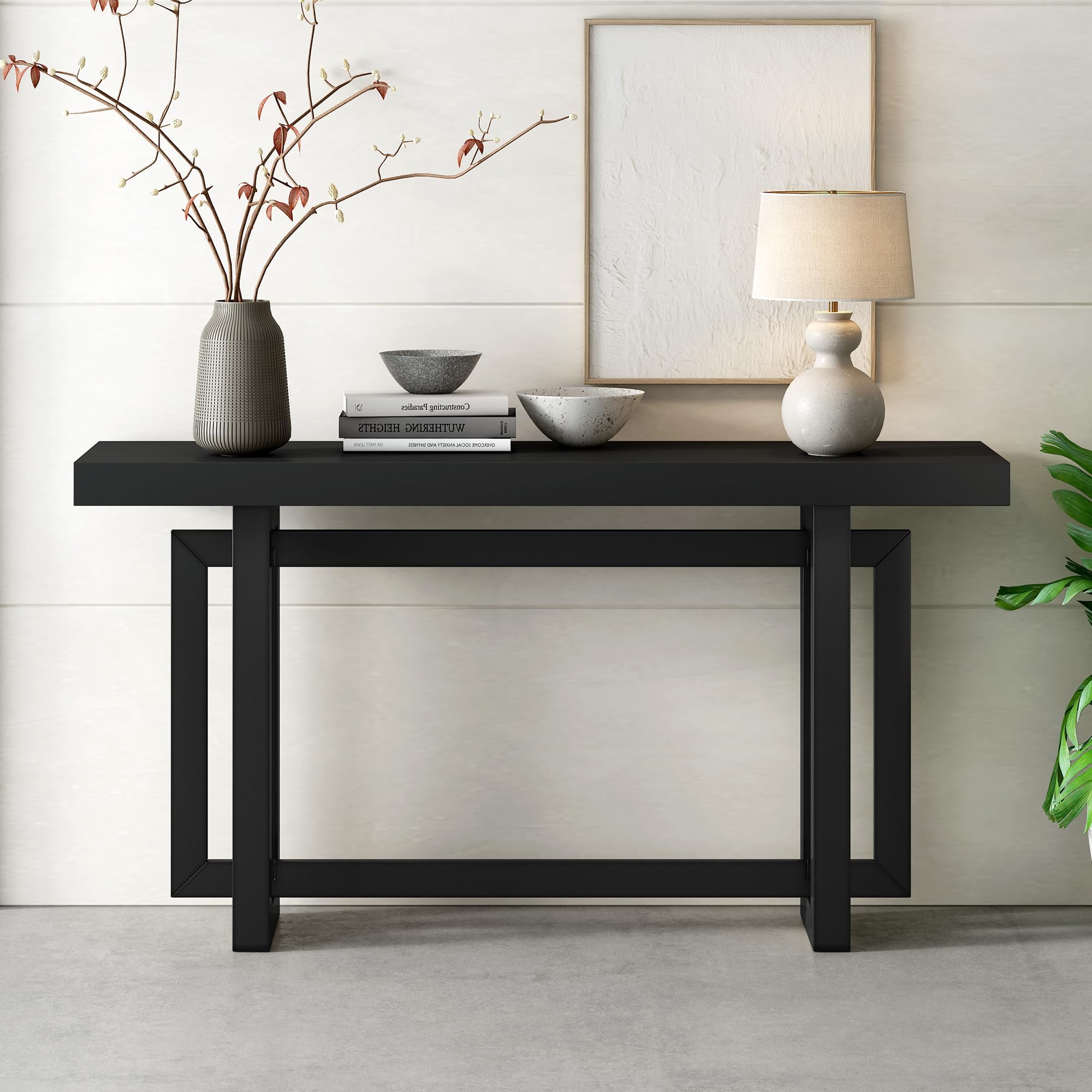 Contemporary Console Table with Industrial-Inspired Concrete Wood Top, Wood Legs, Extra Long Entryway Table for Entryway, Hallway, Living Room, Foyer, Corridor (Black)