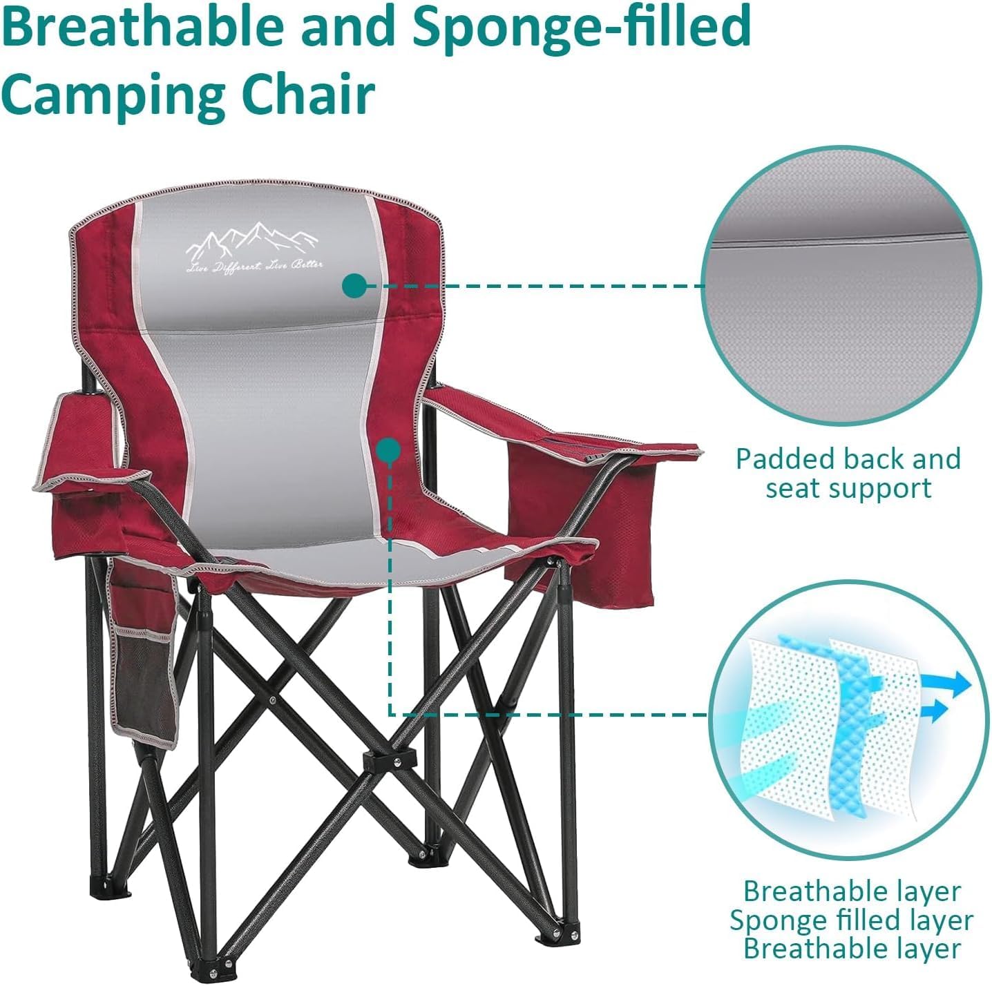 Camping Chair Heavy Duty High Back Folding Chair with Cup Holder, 450lbs Capacity, Padded Seat, Cooler Bag & Storage Pocket, Portable for Outdoor, Beach, Fishing, Sports, Red - Image 4