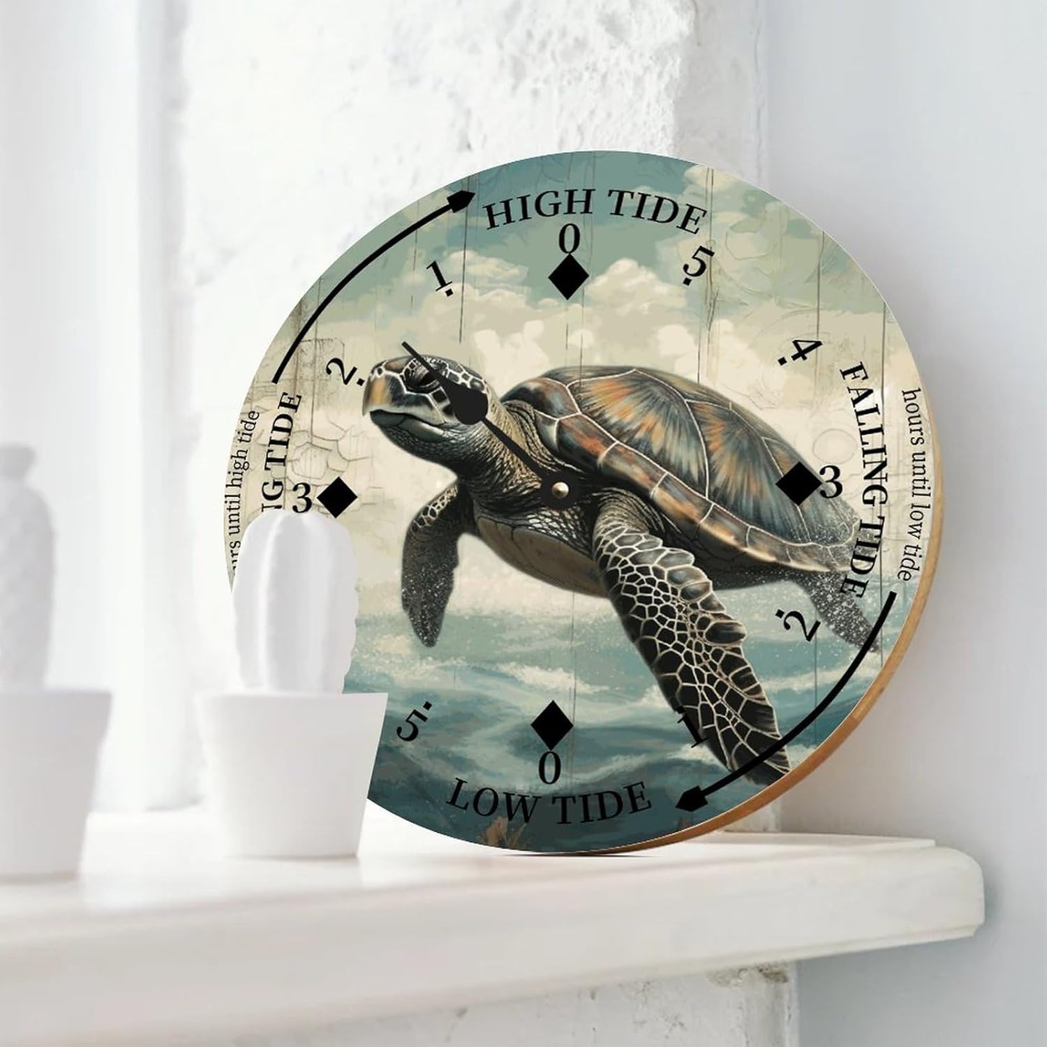 Cheyan Rustic Wood Tide Clock Sea Turtle Ocean Time Rustic Wooden Clock Wood Moon Tidal Clock for Wall High and Low Tide Movement Clock for Seaside House Cottage Hotel Camping 12x12 in, Style-5