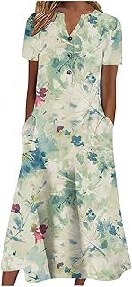 Women's Boho Colorful Crewneck Floral Print Maxi Dresses Casual Short Sleeve Summer Beach Dress with Pockets 2024 - Buy now