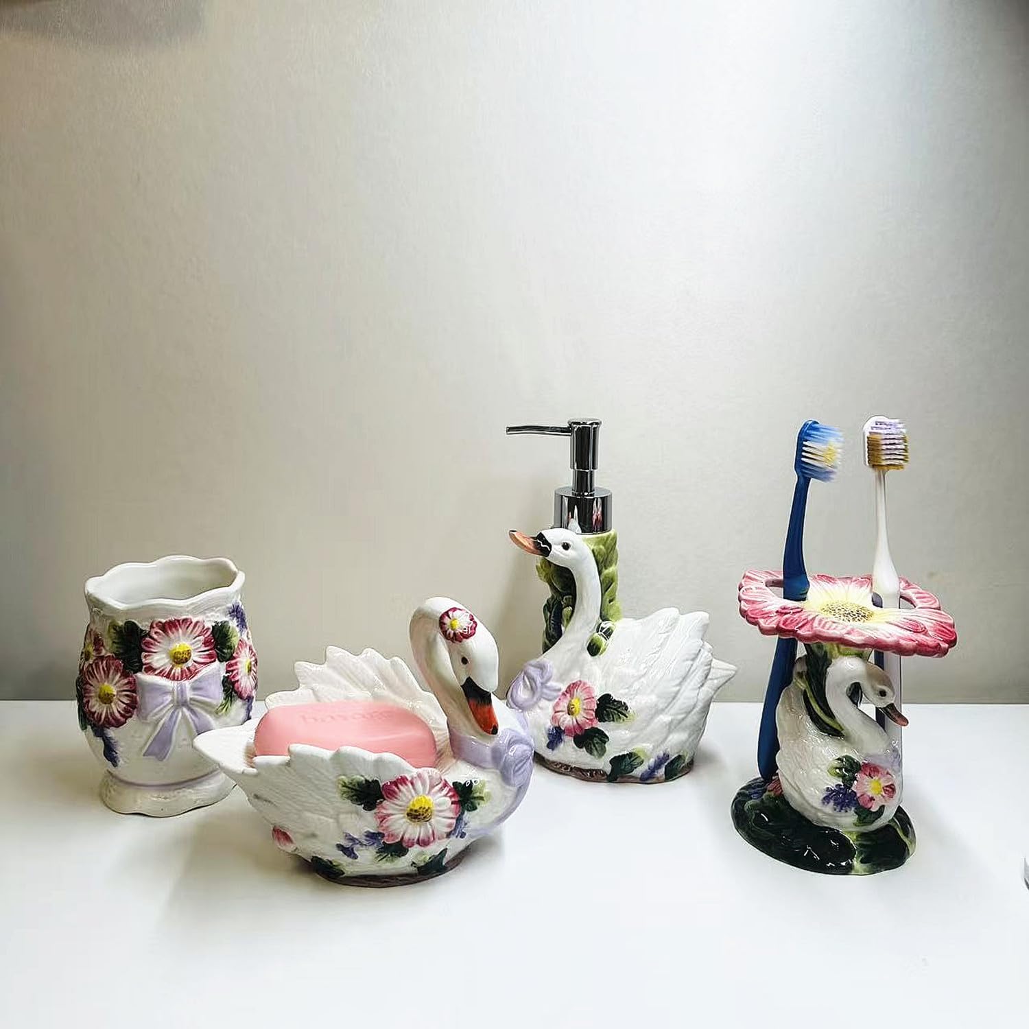 Ceramic Swans and Flowers Bathroom Accessories Set, 4 Piece Bathroom Ensemble Set with Toothbrush Holder, Toothbrush Cup, Soap Dispenser, Soap Dish