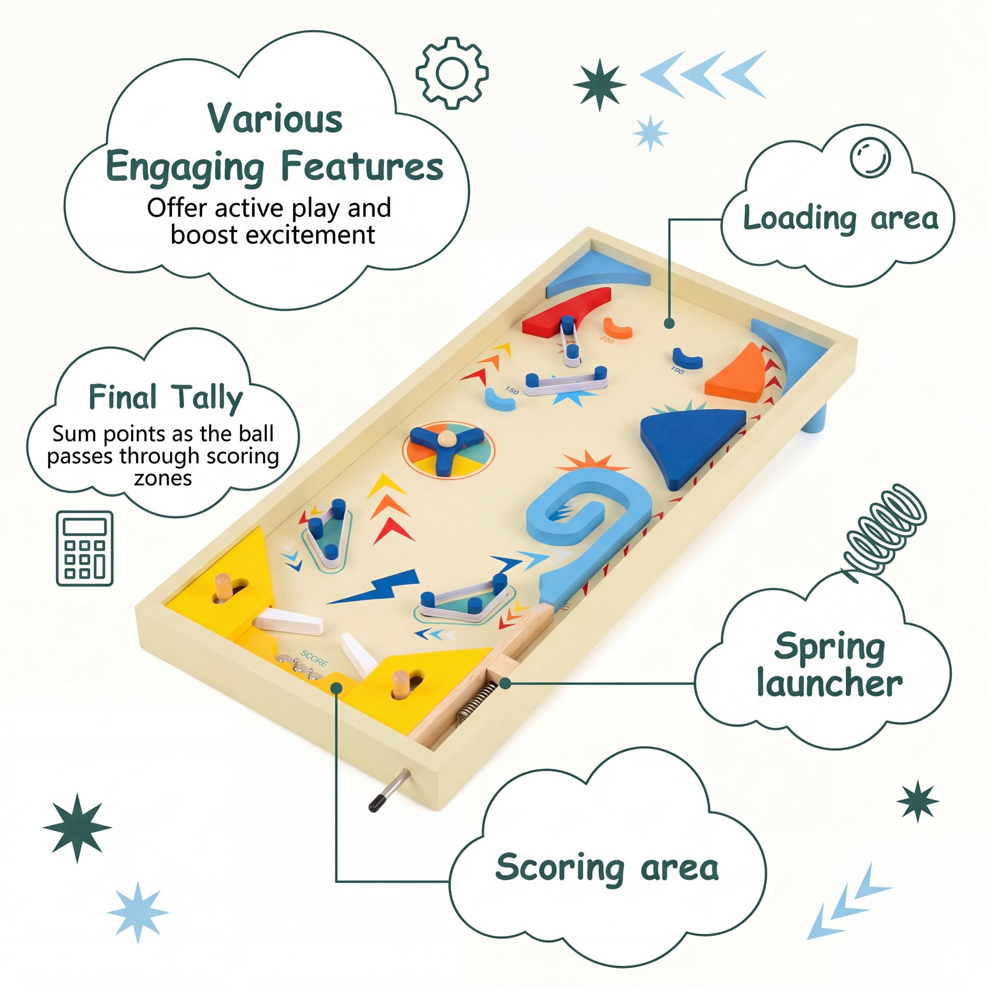 GOPLUS Flipper en Bois, Jeu de Société Enfant avec Piste Rotative & Score, Lanceur à Ressort, 2 Palettes, 3 Billes Métal, Pieds Amovibles, Développe Compétences Motrices pour Famille/Fêtes 6 Ans+