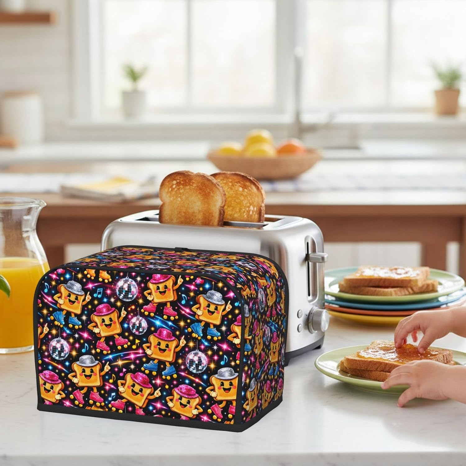2 Slice Toaster Cover Retro 90s Neon Disco Roller Toast Water-Resistant Bread Maker Dust Cover with Storage Pocket, Washable Kitchen Appliance Protector, Housewarming Gift, 11.4x7.5x7.9 Inch image 2