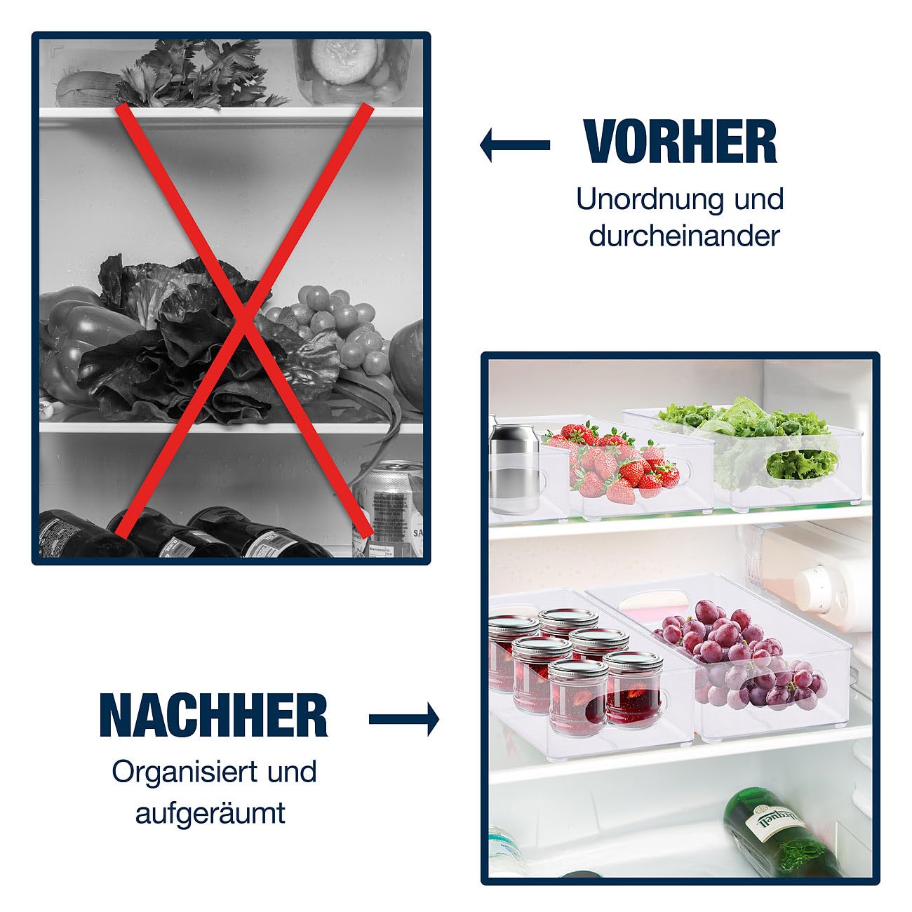 Rosenstein & Söhne Fridge Organizer: 24er-Set Kühlschrank-Organizer, stapelbar, in 3 Größen, BPA-frei (Kühlschrank Aufbewahrung stapelbar, Aufbewahrungsboxen Set)