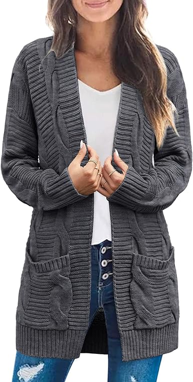 MEROKEETY Women's Long Sleeve Cable Knit Cardigan Sweaters Open Front Fall Outwear Coat