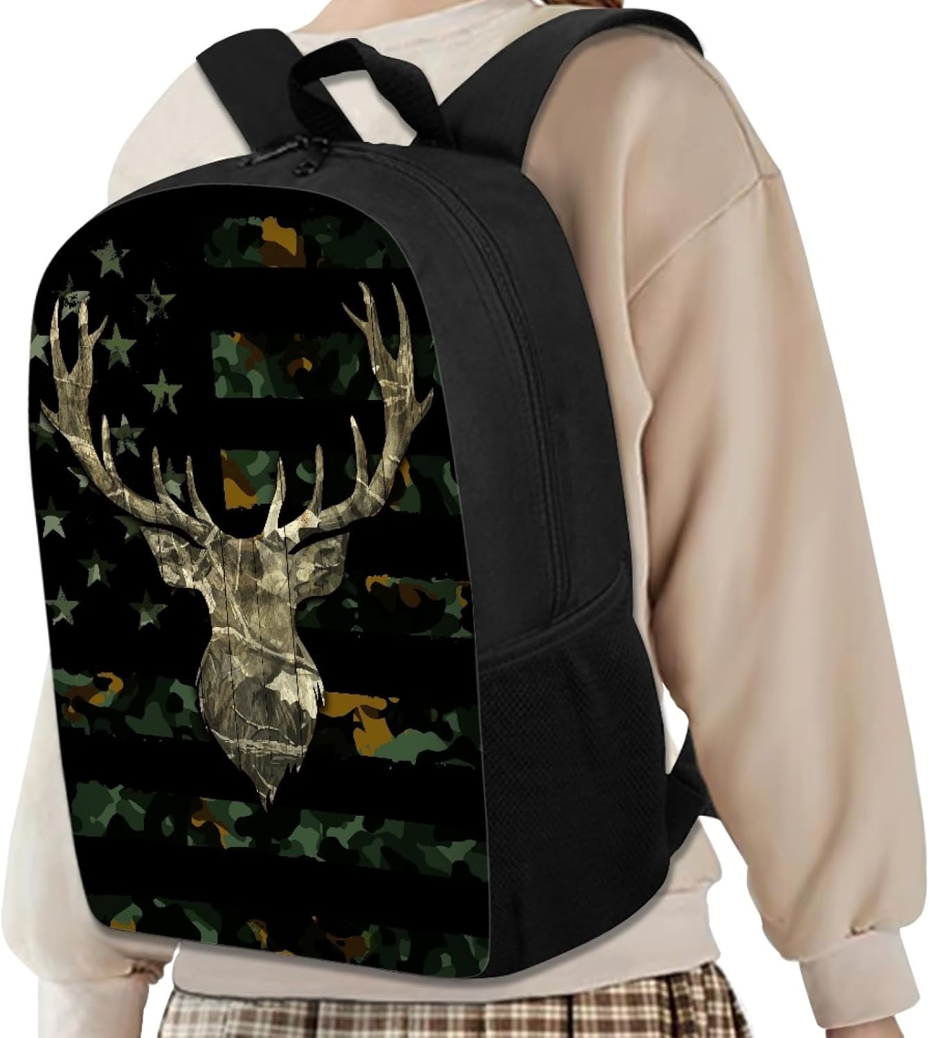 Mumeson Cool Deer and America Flag Print Kids Backpack Schoolbag Soft Cushion Shoulder Straps Rucksack Daypack Durable Zipper Closure Bookbag for Boys Middle School
